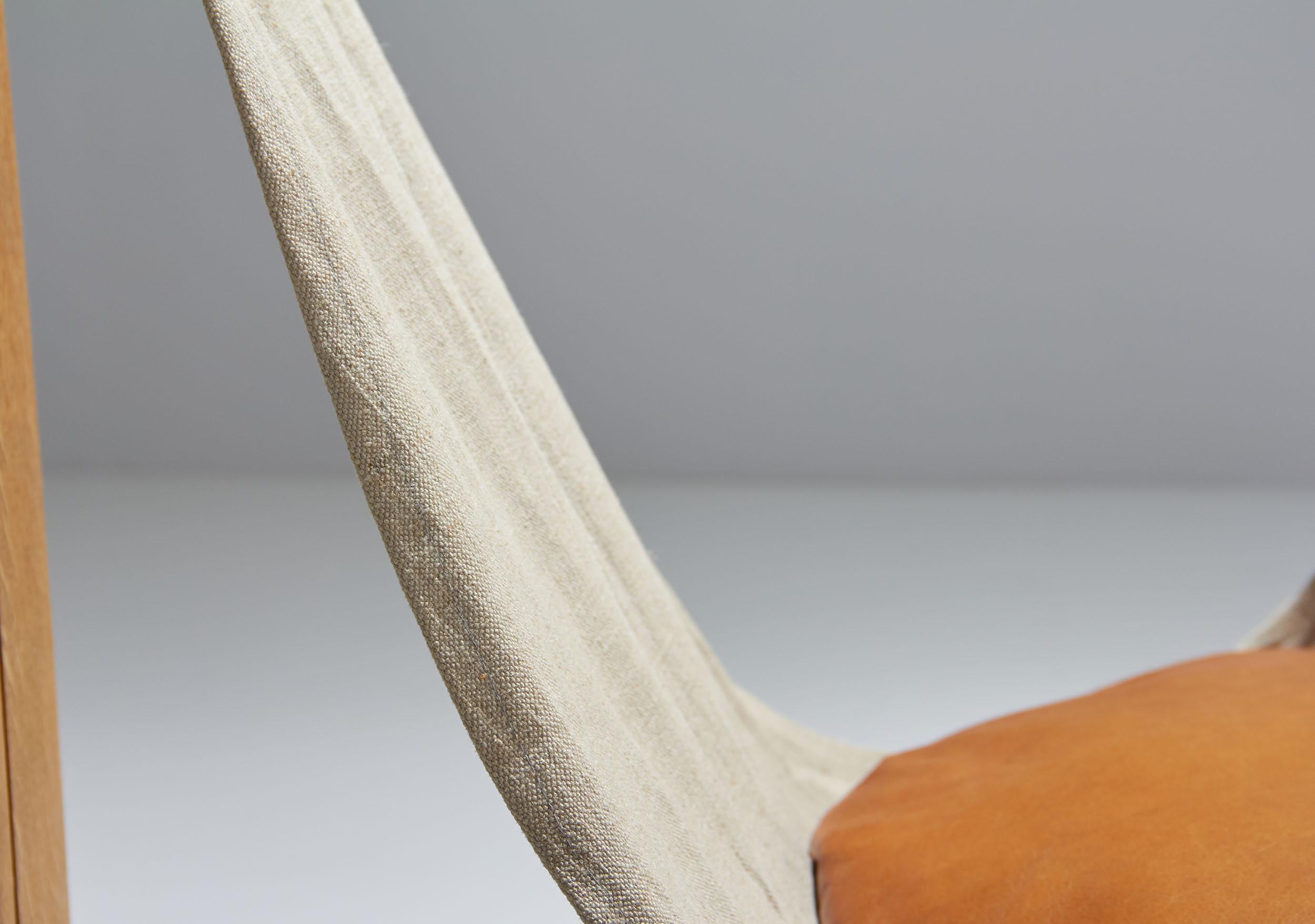 Three Legged Oak Sling Chair, ca 1960-1970s 5
