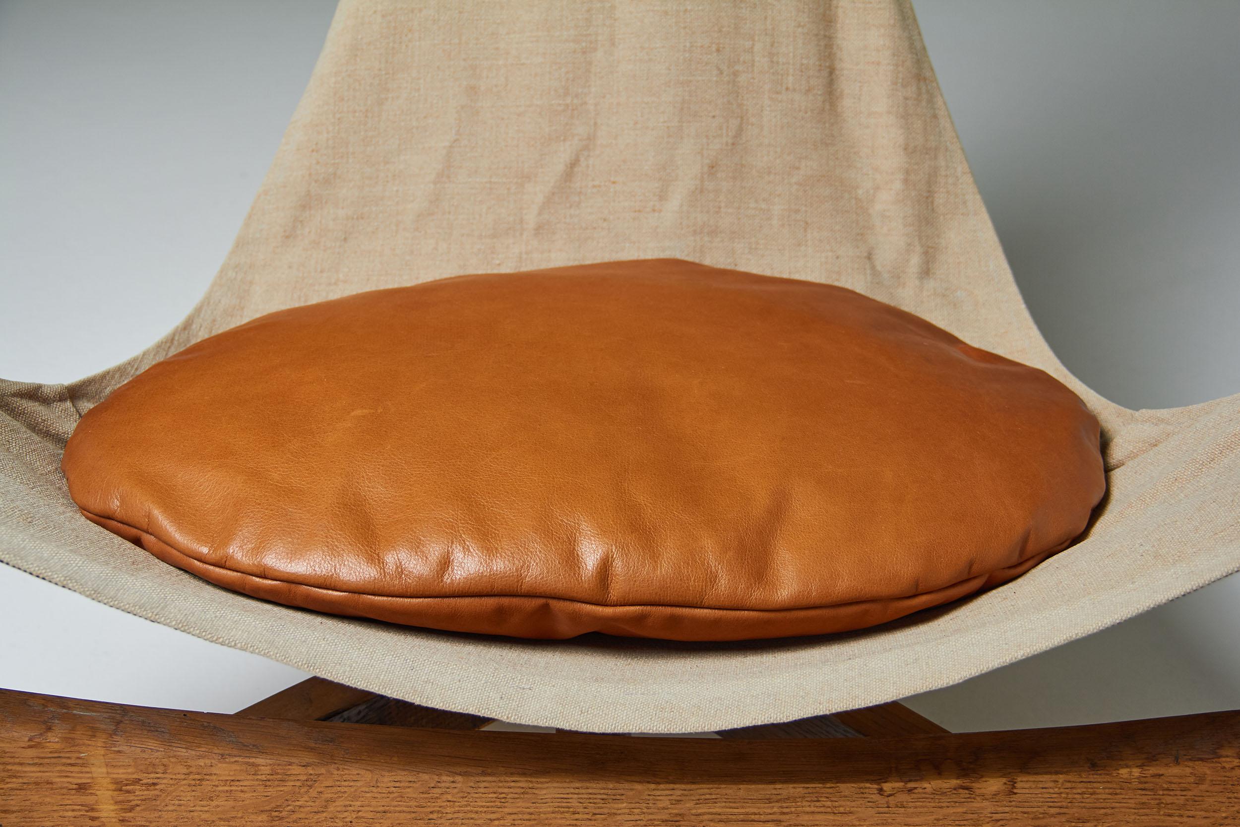 Three Legged Oak Sling Chair, ca 1960-1970s 6