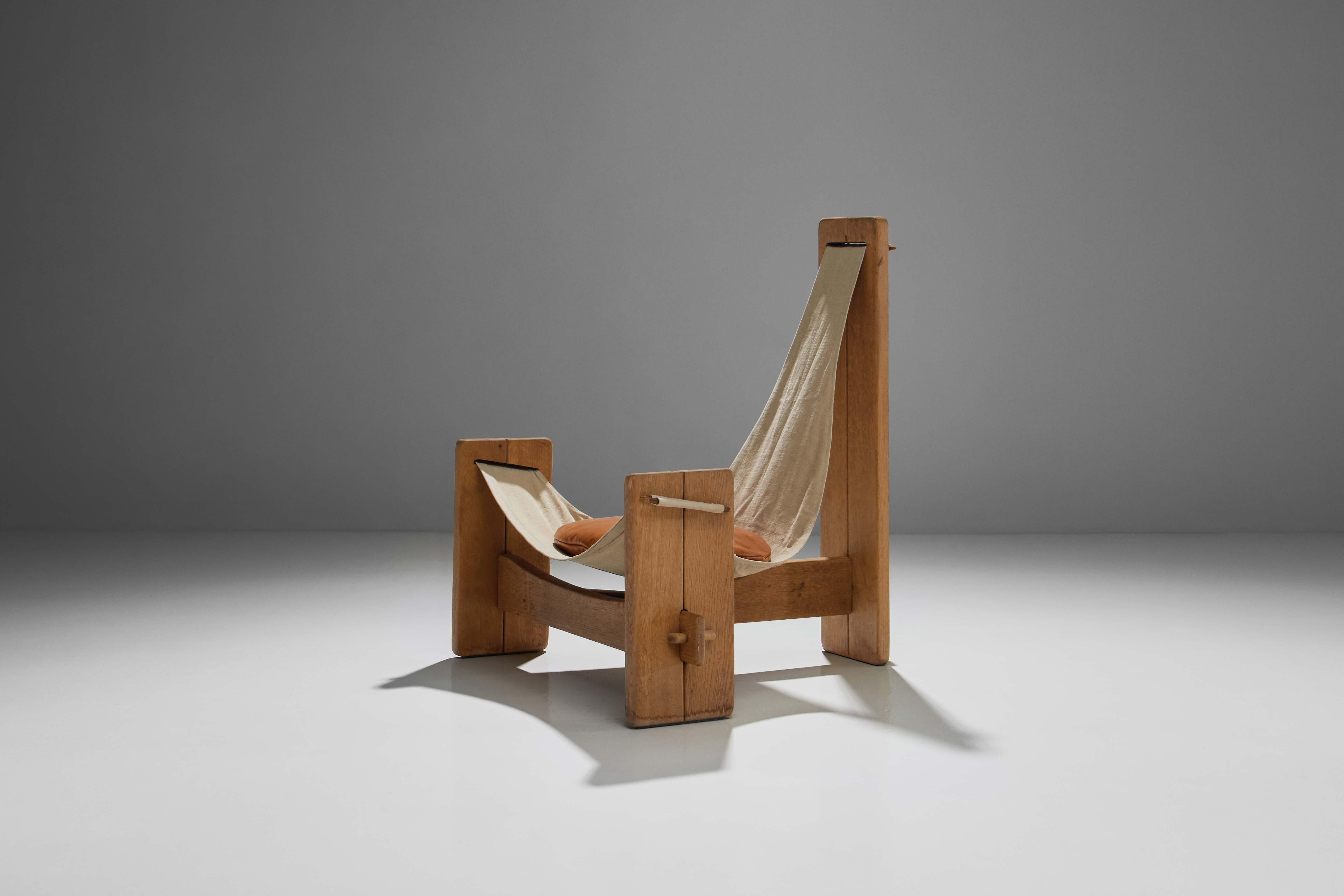 Mid-Century Modern Three Legged Oak Sling Chair, ca 1960-1970s