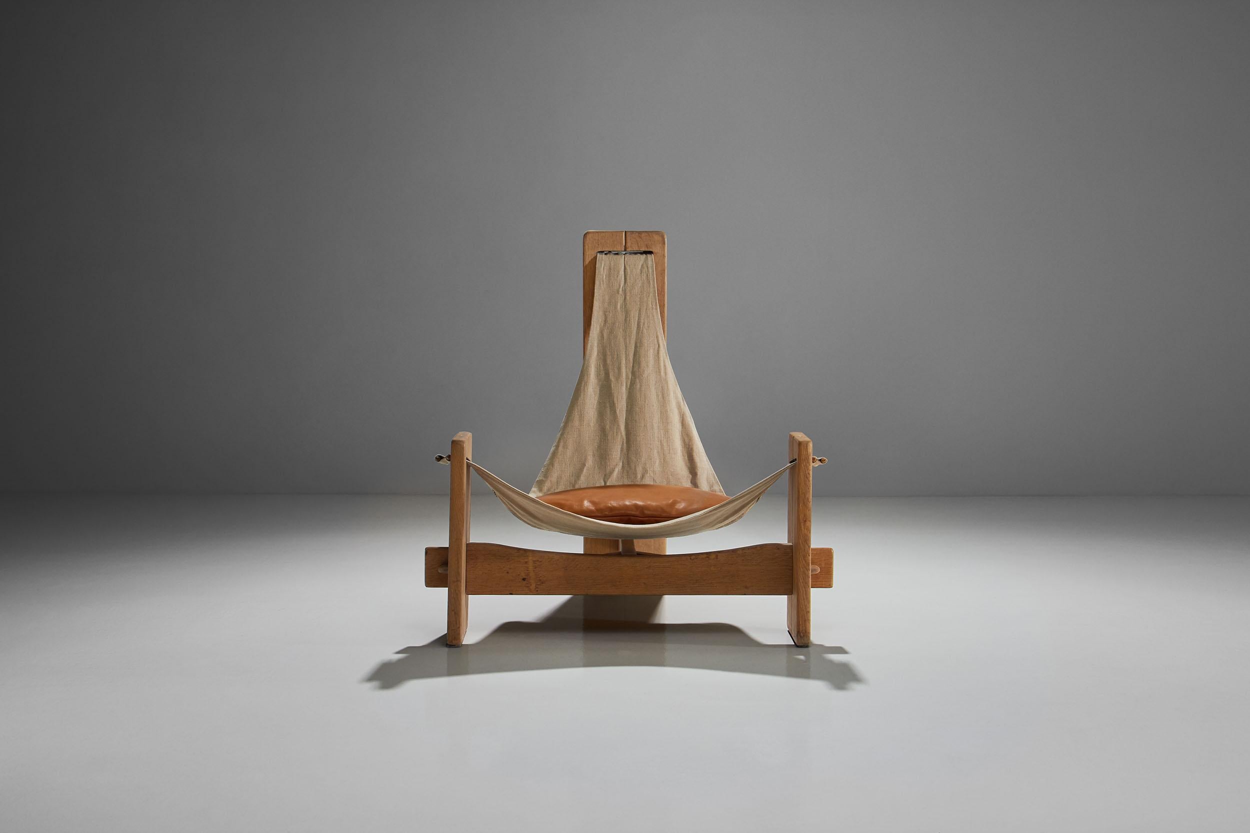 20th Century Three Legged Oak Sling Chair, ca 1960-1970s