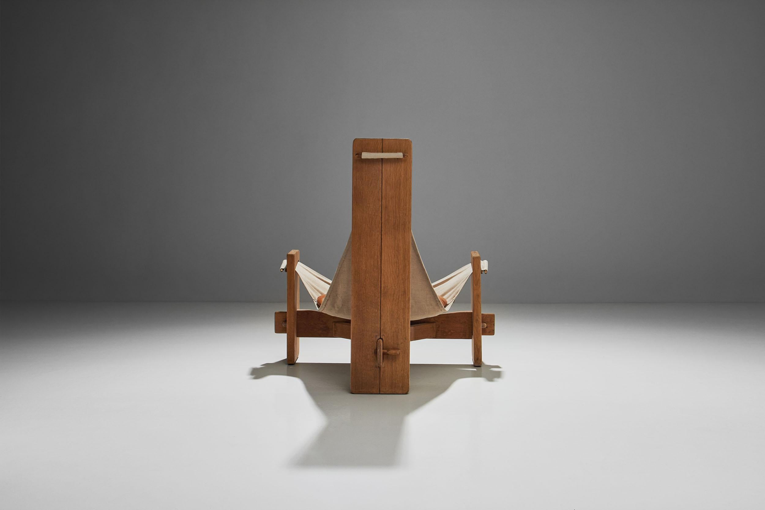 Leather Three Legged Oak Sling Chair, ca 1960-1970s