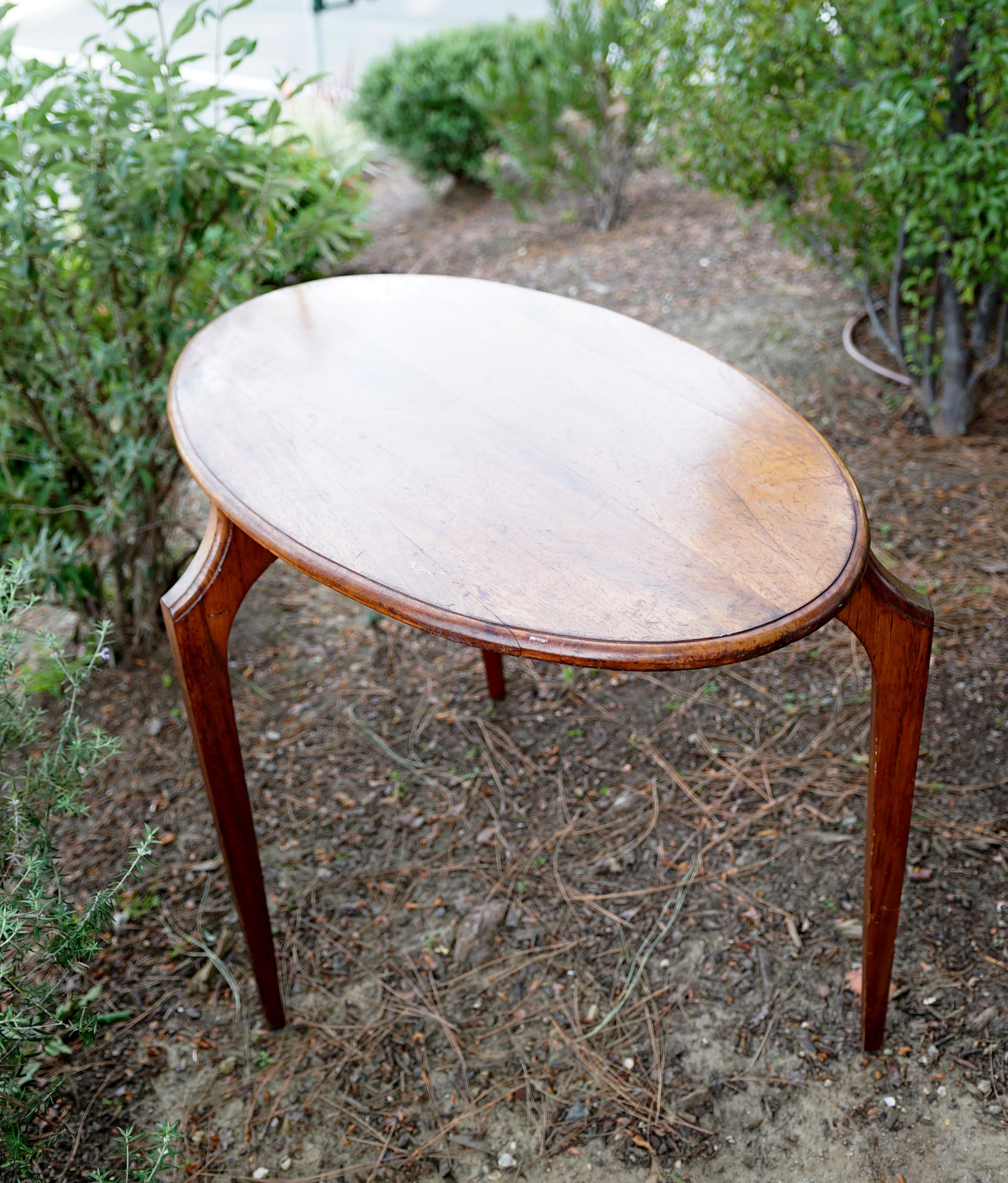 Scandinavian Modern Three-Legged Oval Scandinavian Style Walnut Serving or Writing Table For Sale