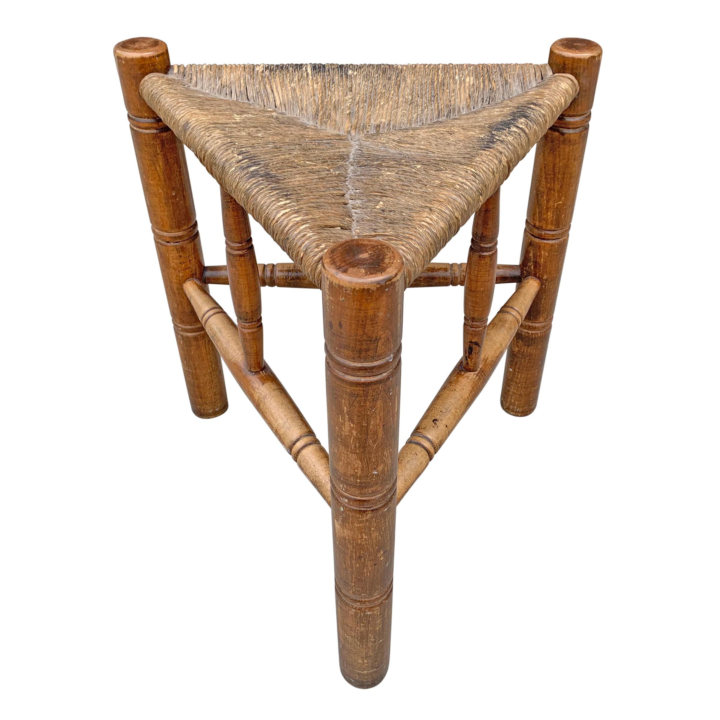 American Colonial Three-Legged Stool with a Woven Rush Seat by Wallace Nutting