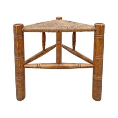 Antique Three-Legged Stool with a Woven Rush Seat by Wallace Nutting