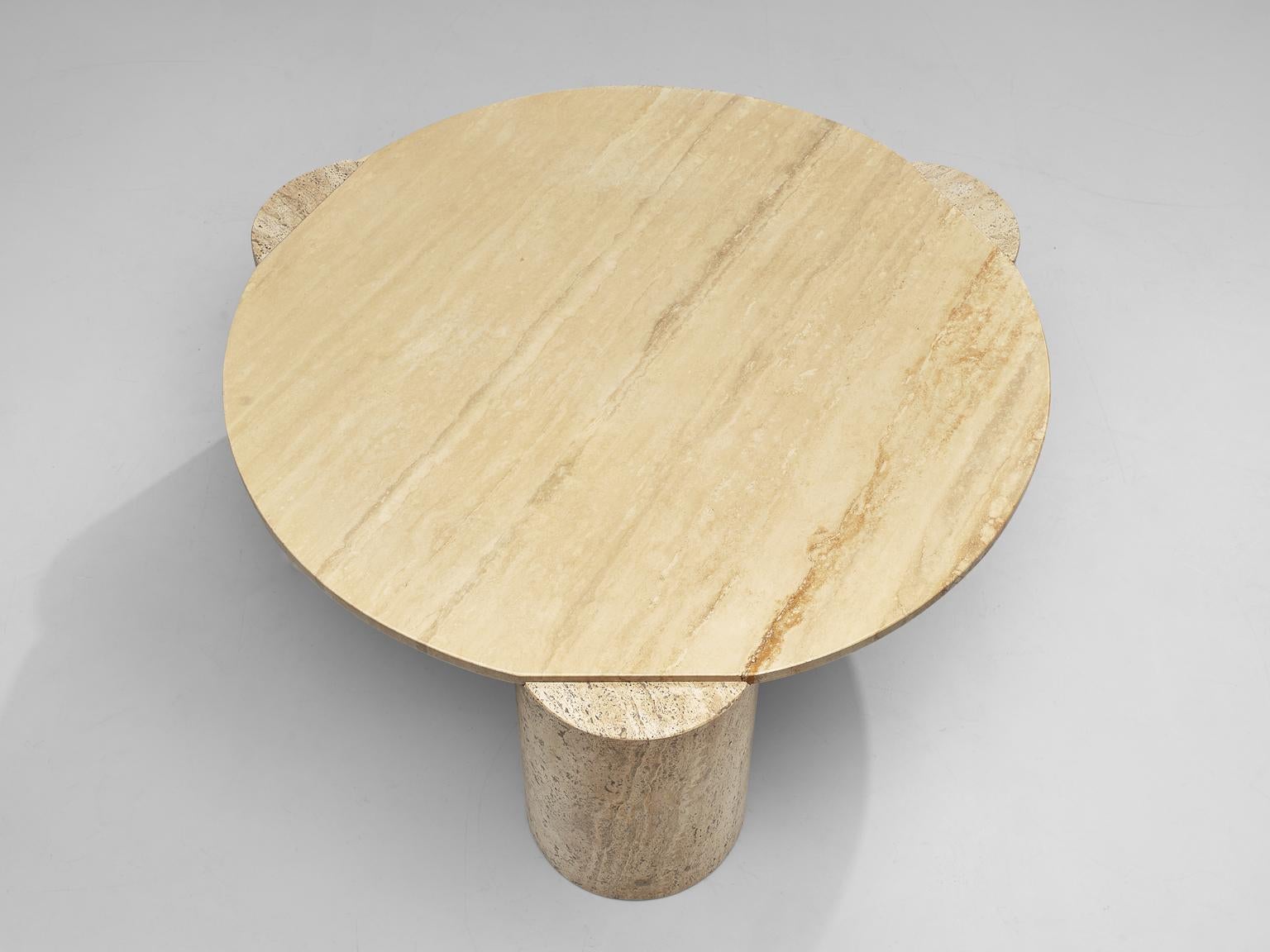 Mid-Century Modern Three Legged Travertine Coffee Table with Round Table Top