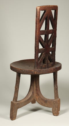 Three Legged Wood Chair Geometric Back Gurage people, Ethiopia Vintage Africa