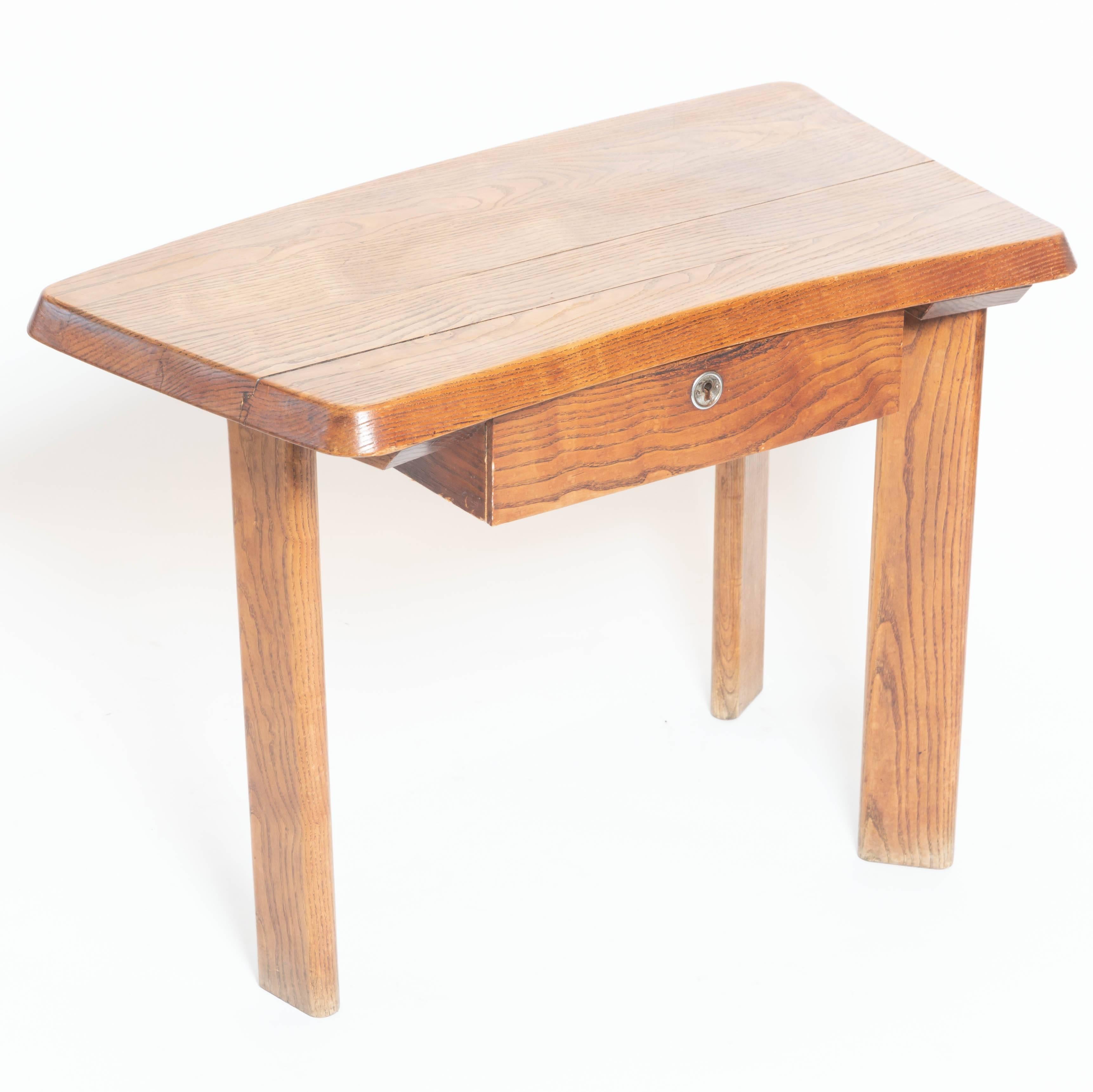 Three-Legged Wooden Oak Table with Drawer, in the Manner of Charlotte Perriand 4
