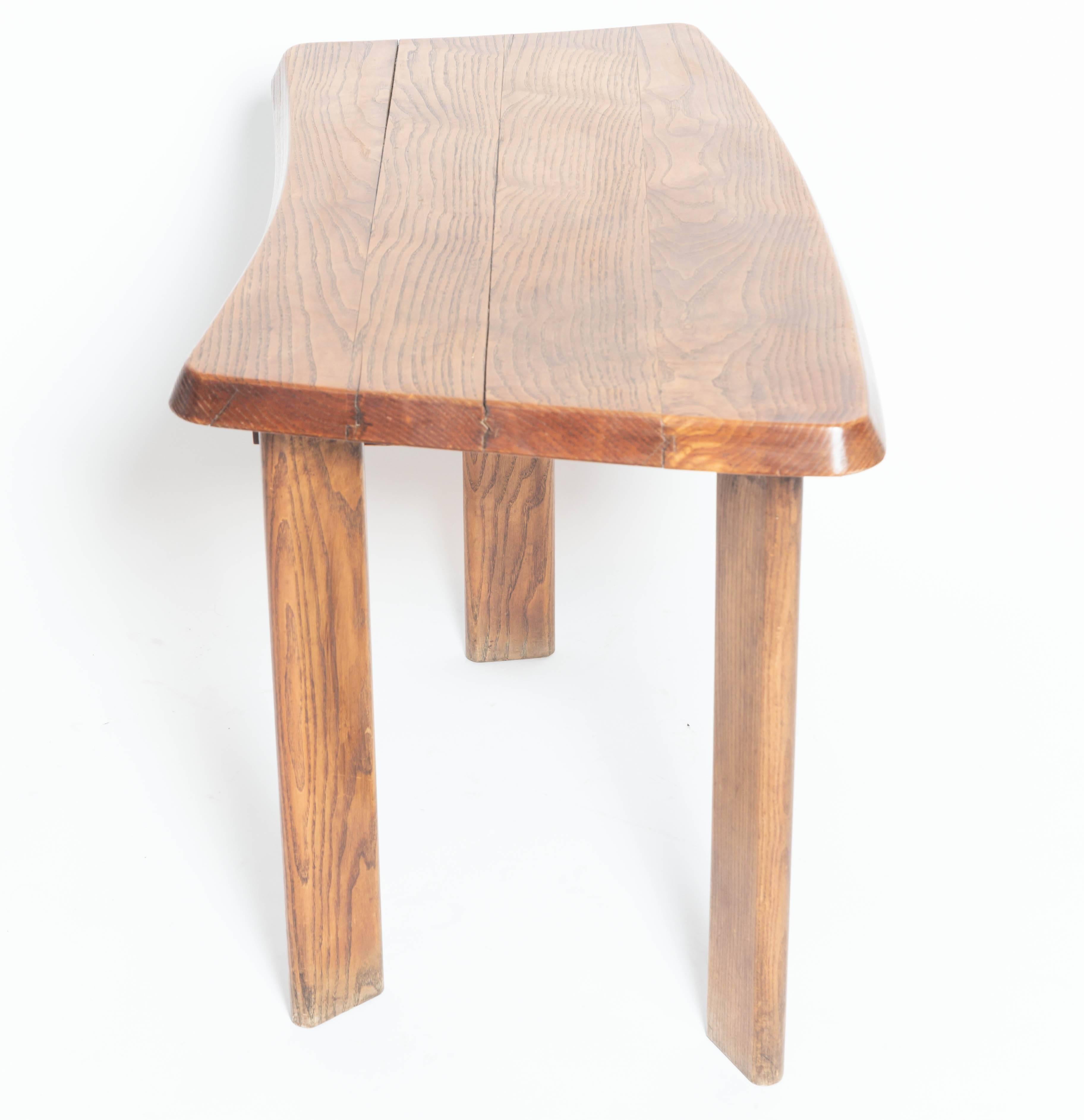 Mid-Century Modern Three-Legged Wooden Oak Table with Drawer, in the Manner of Charlotte Perriand