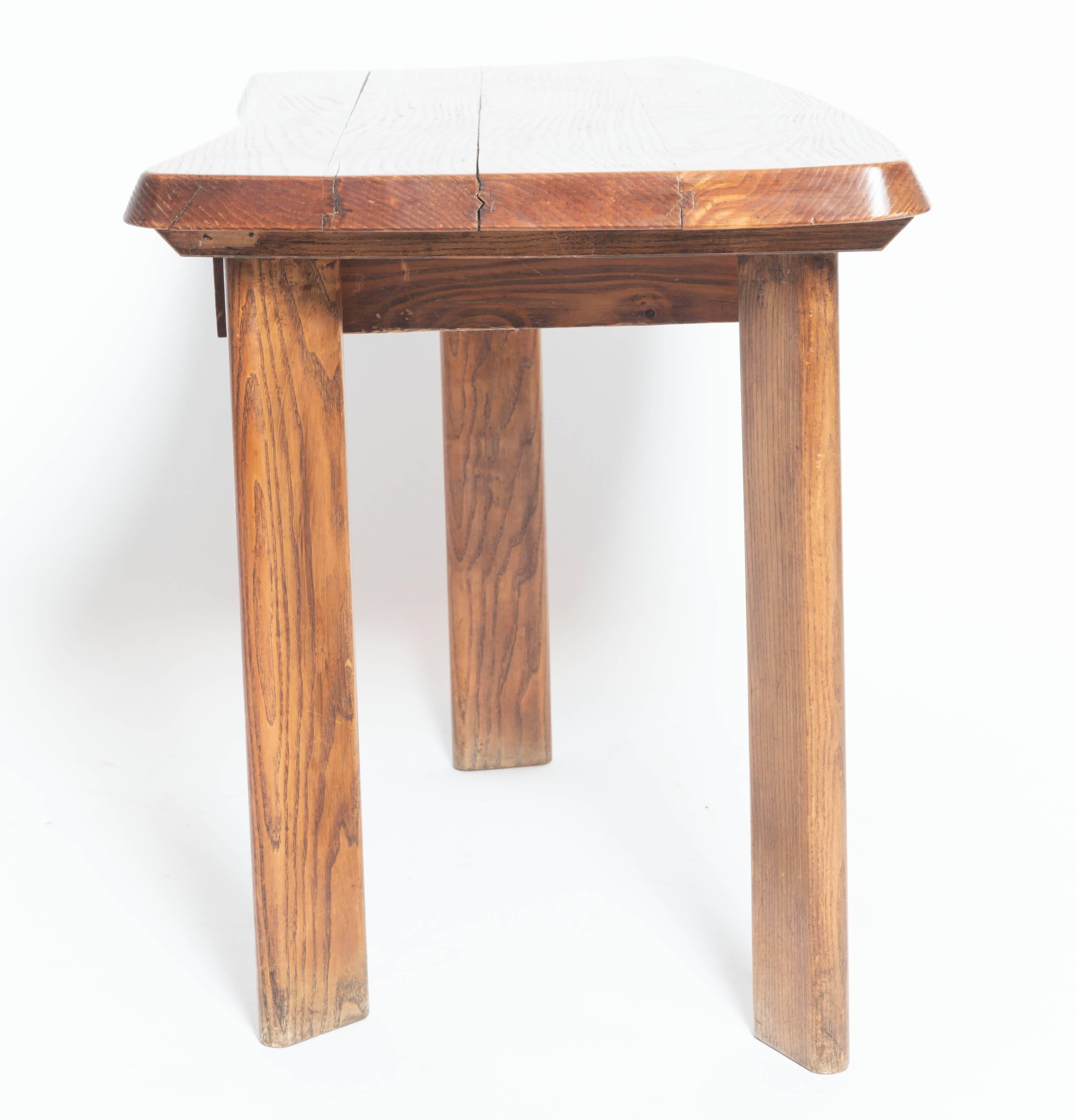 French Three-Legged Wooden Oak Table with Drawer, in the Manner of Charlotte Perriand