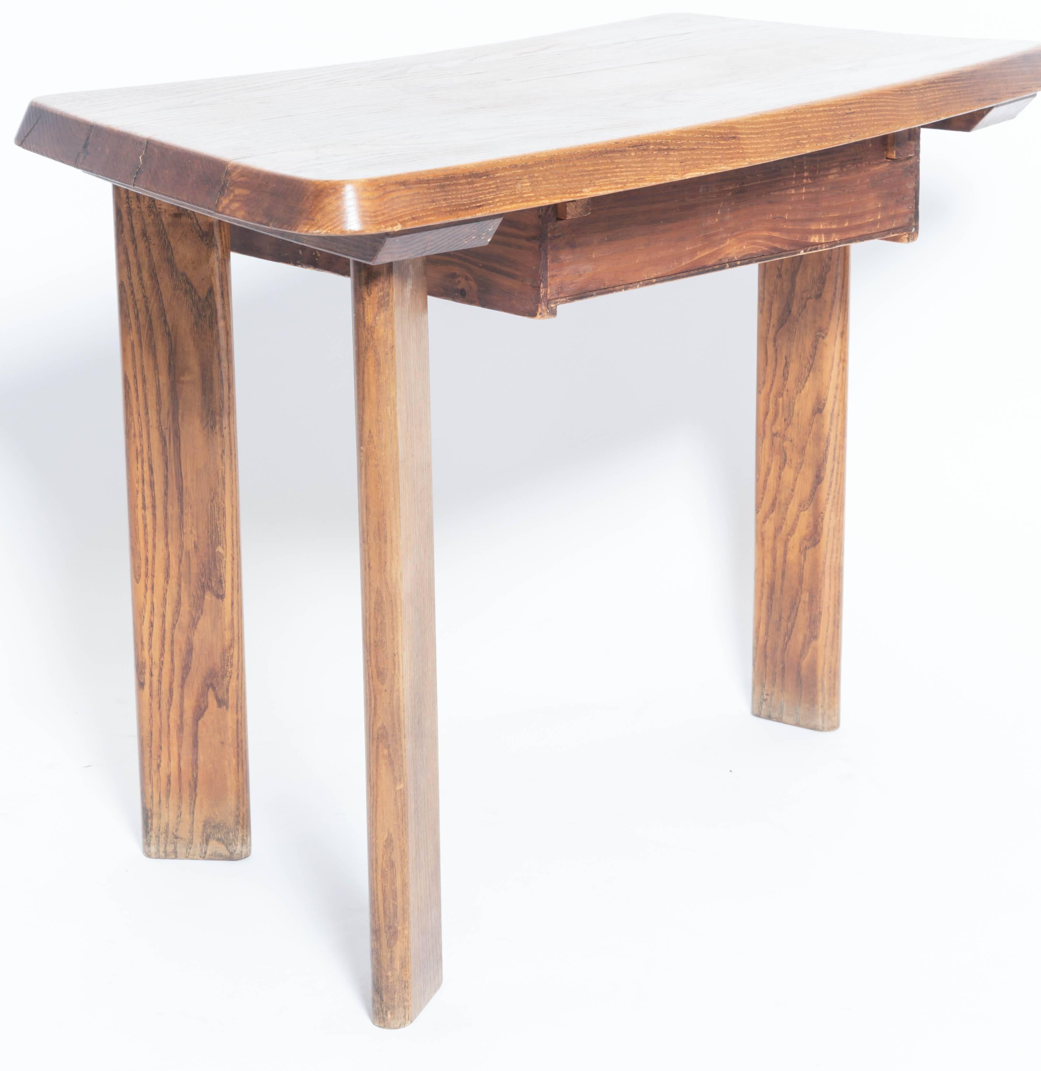 Mid-20th Century Three-Legged Wooden Oak Table with Drawer, in the Manner of Charlotte Perriand