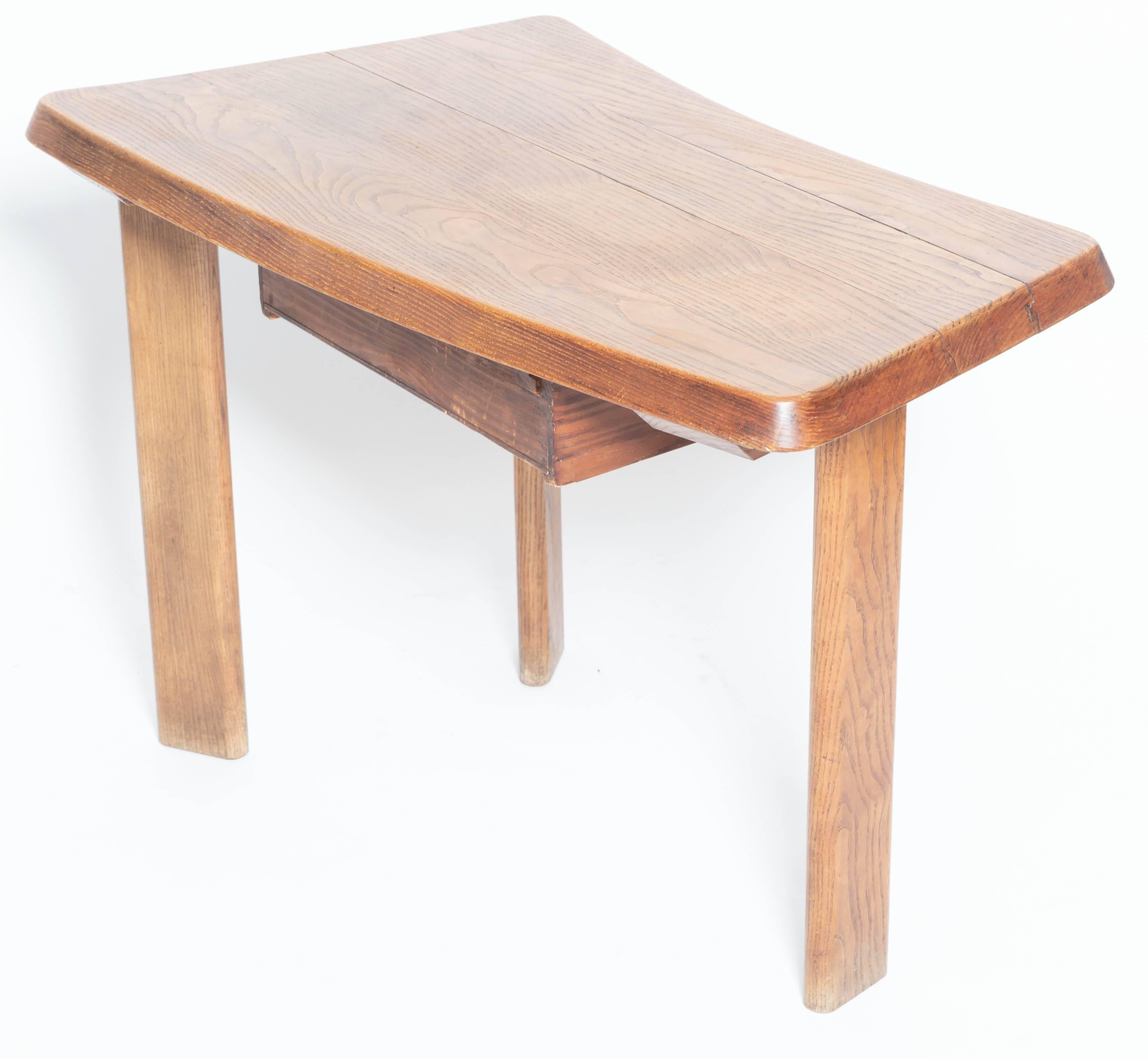 Three-Legged Wooden Oak Table with Drawer, in the Manner of Charlotte Perriand 1