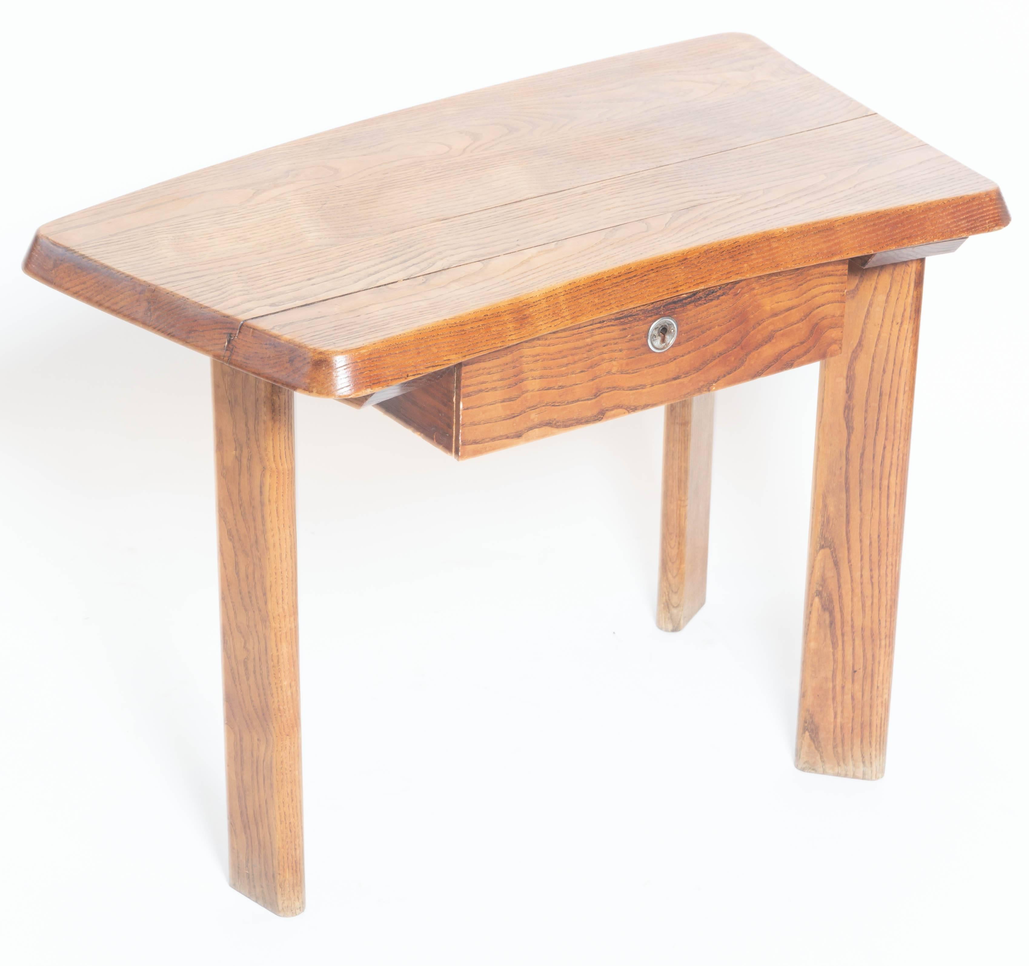 Three-Legged Wooden Oak Table with Drawer, in the Manner of Charlotte Perriand 2