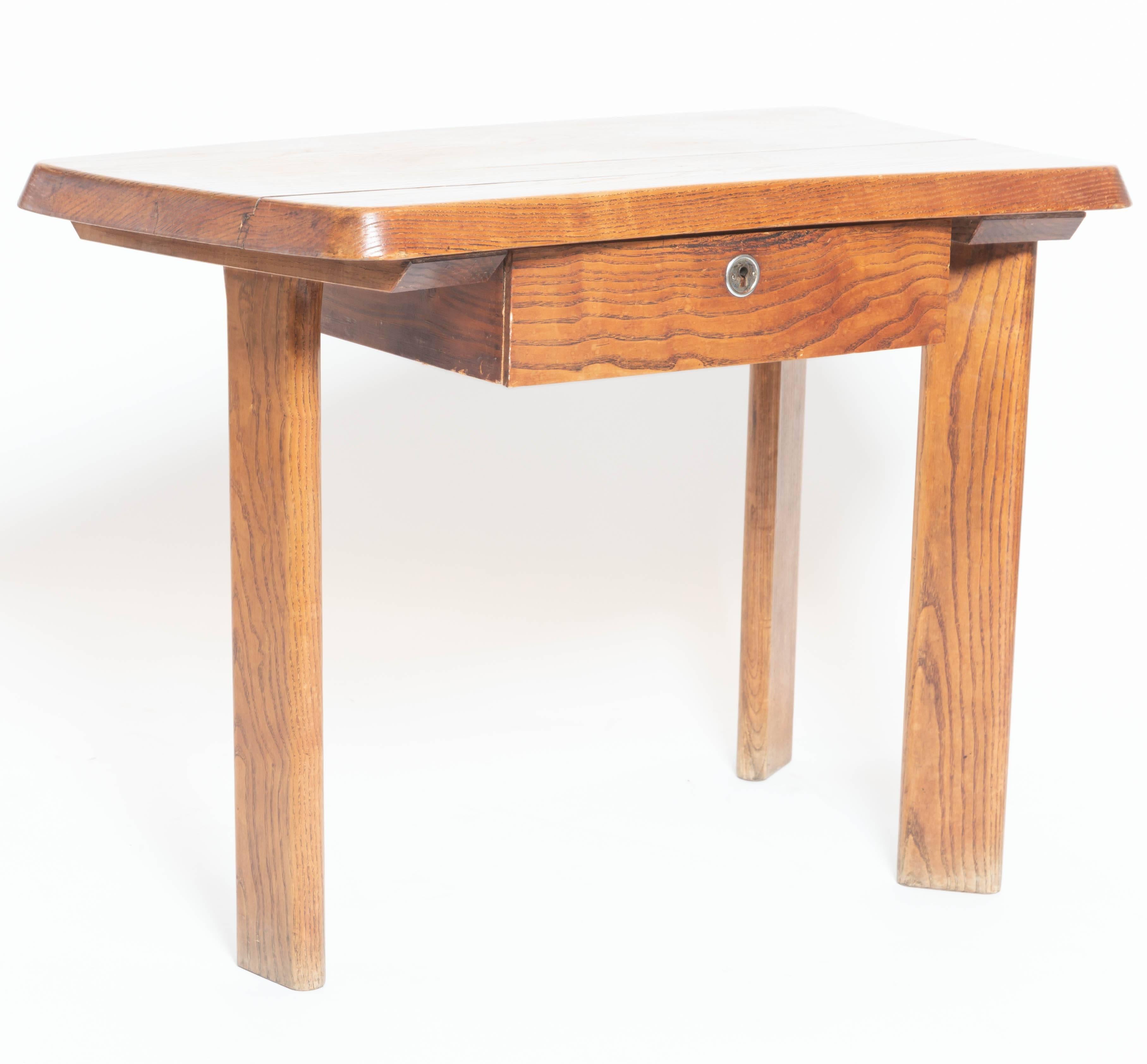 Three-Legged Wooden Oak Table with Drawer, in the Manner of Charlotte Perriand 3