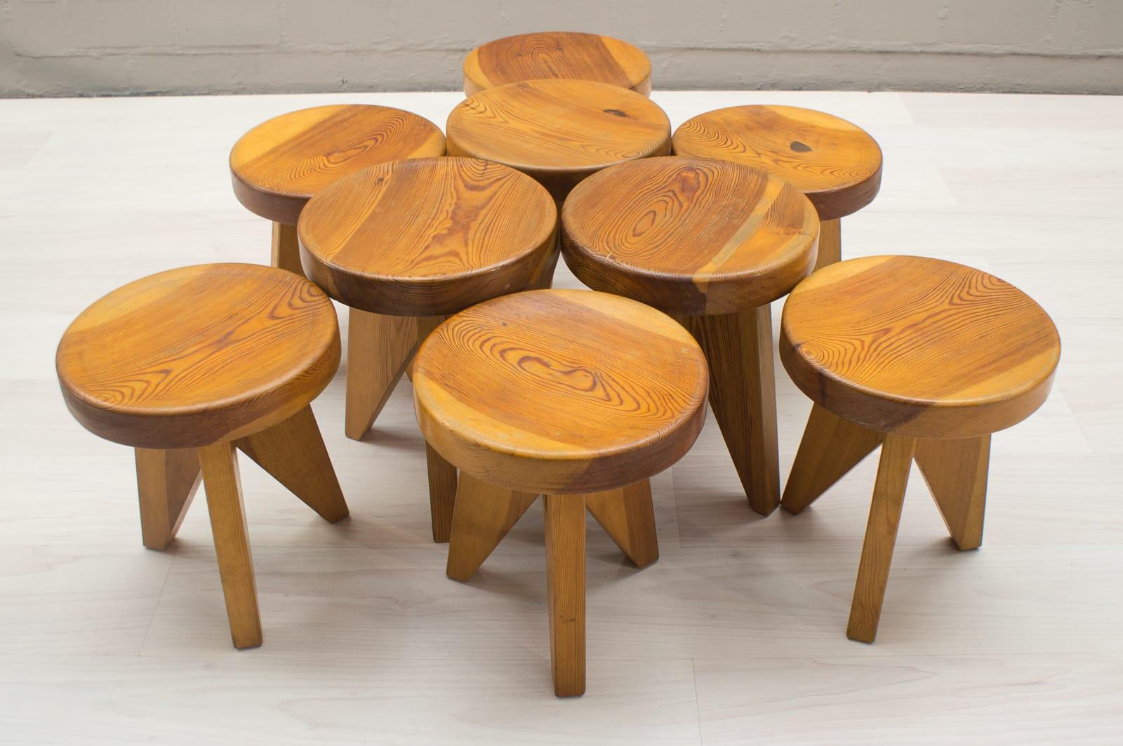 Mid-Century Modern Three-Legged Wooden Stools in Manner of Pierre Chapo, France, 1960s