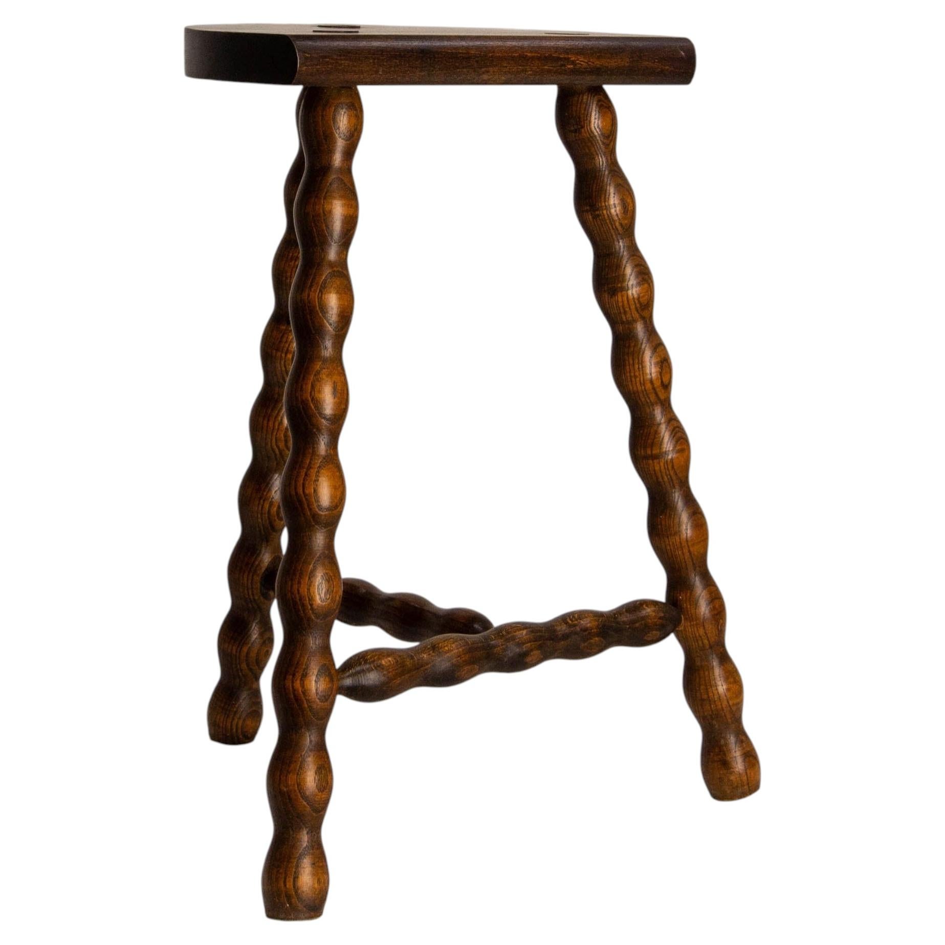 Three Legs Beech Half-Moon Shapped Stool, France circa 1960 For Sale