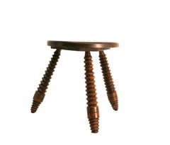 Three Legs Stool Round Oak, in the Dudouyt Style, France circa 1950
