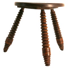 Three Legs Stool Round Oak, in the Dudouyt Style, France circa 1950