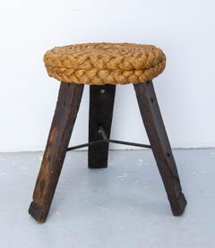 Three Legs Stool Round Oak, Iron & Straw by Audoux-Minnet, France circa 1950