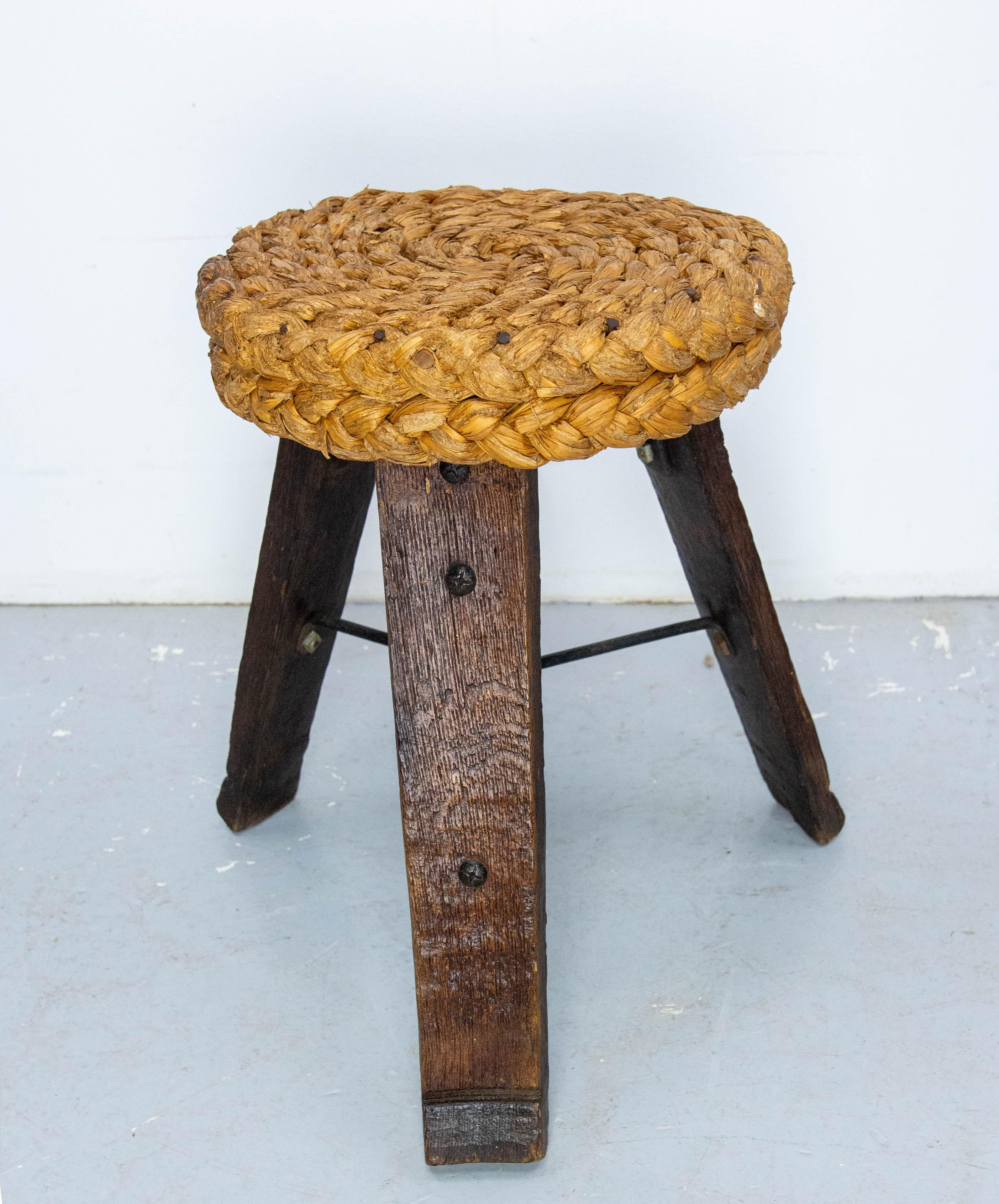 20th Century Three Legs Stool Round Oak, Iron & Straw by Audoux-Minnet, France circa 1950 For Sale