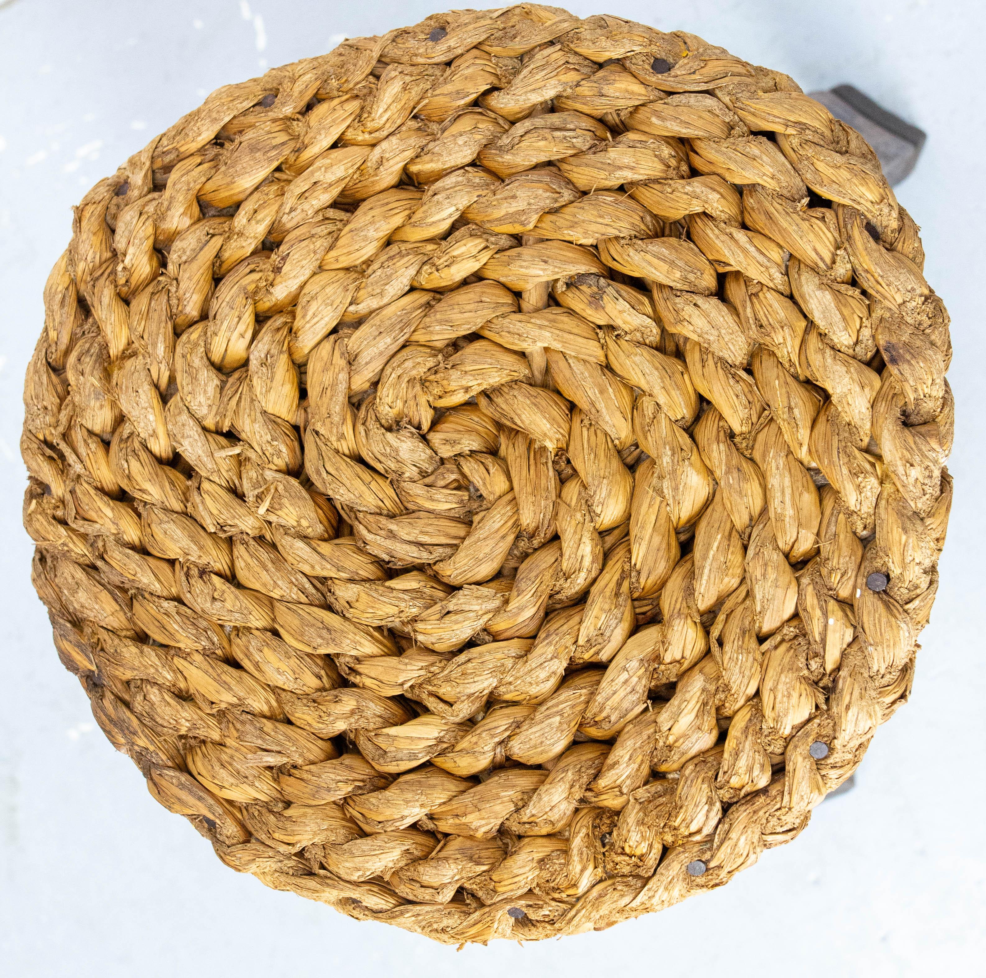 Three Legs Stool Round Oak, Iron & Straw by Audoux-Minnet, France circa 1950 For Sale 1
