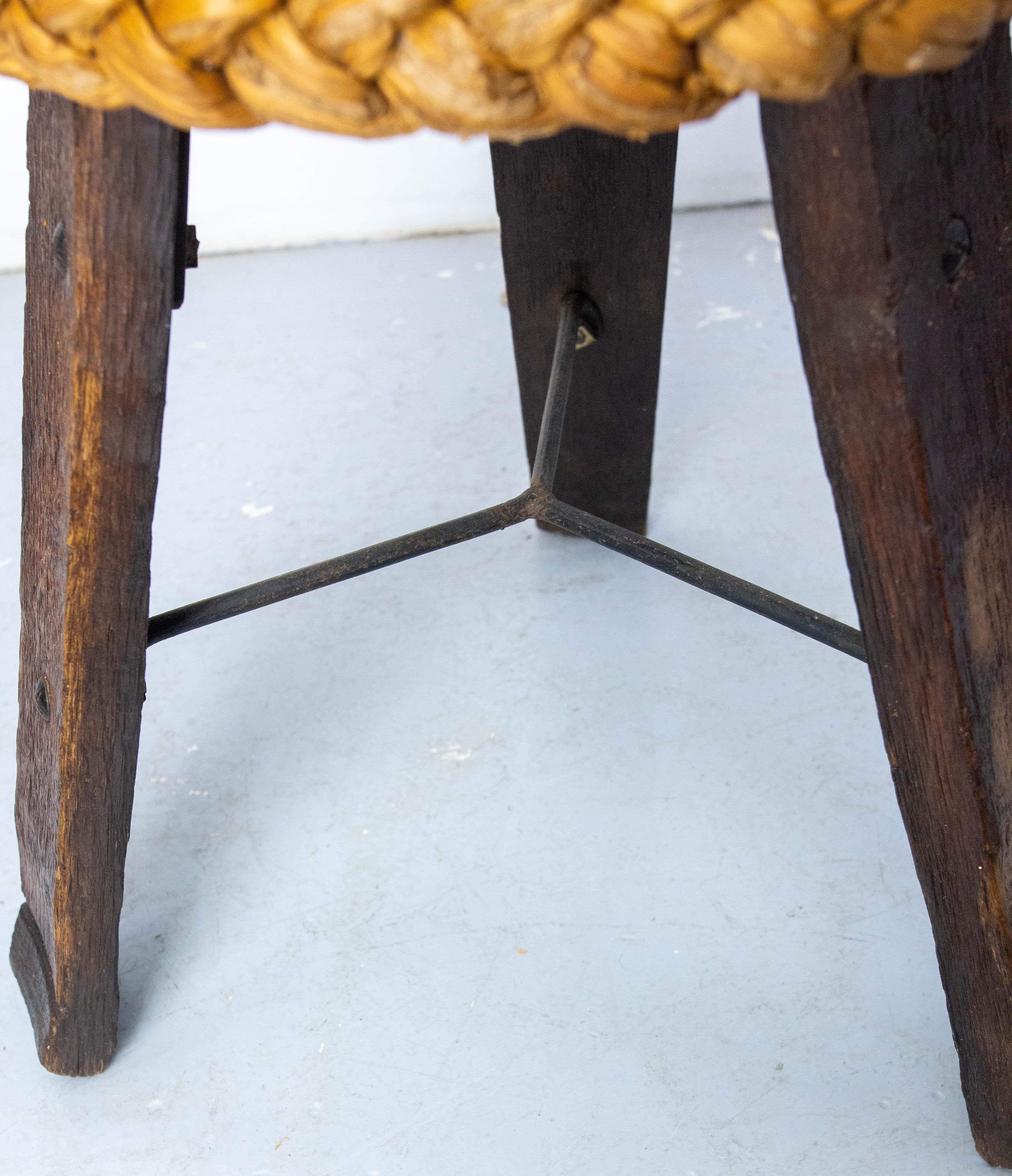 Three Legs Stool Round Oak, Iron & Straw by Audoux-Minnet, France circa 1950 For Sale 3