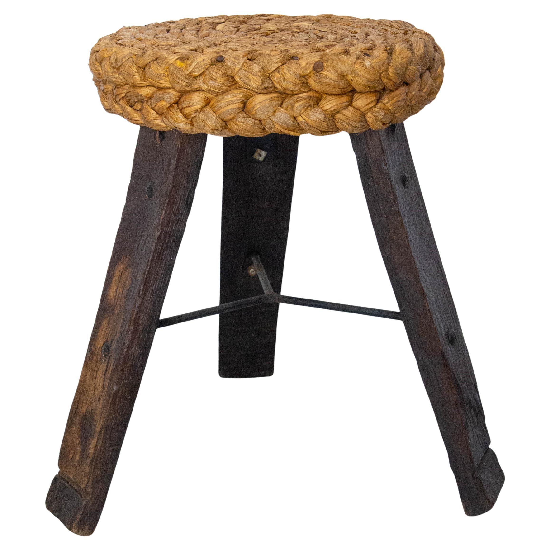 Three Legs Stool Round Oak, Iron & Straw by Audoux-Minnet, France circa 1950 For Sale