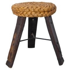 Three Legs Stool Round Oak, Iron & Straw by Audoux-Minnet, France circa 1950