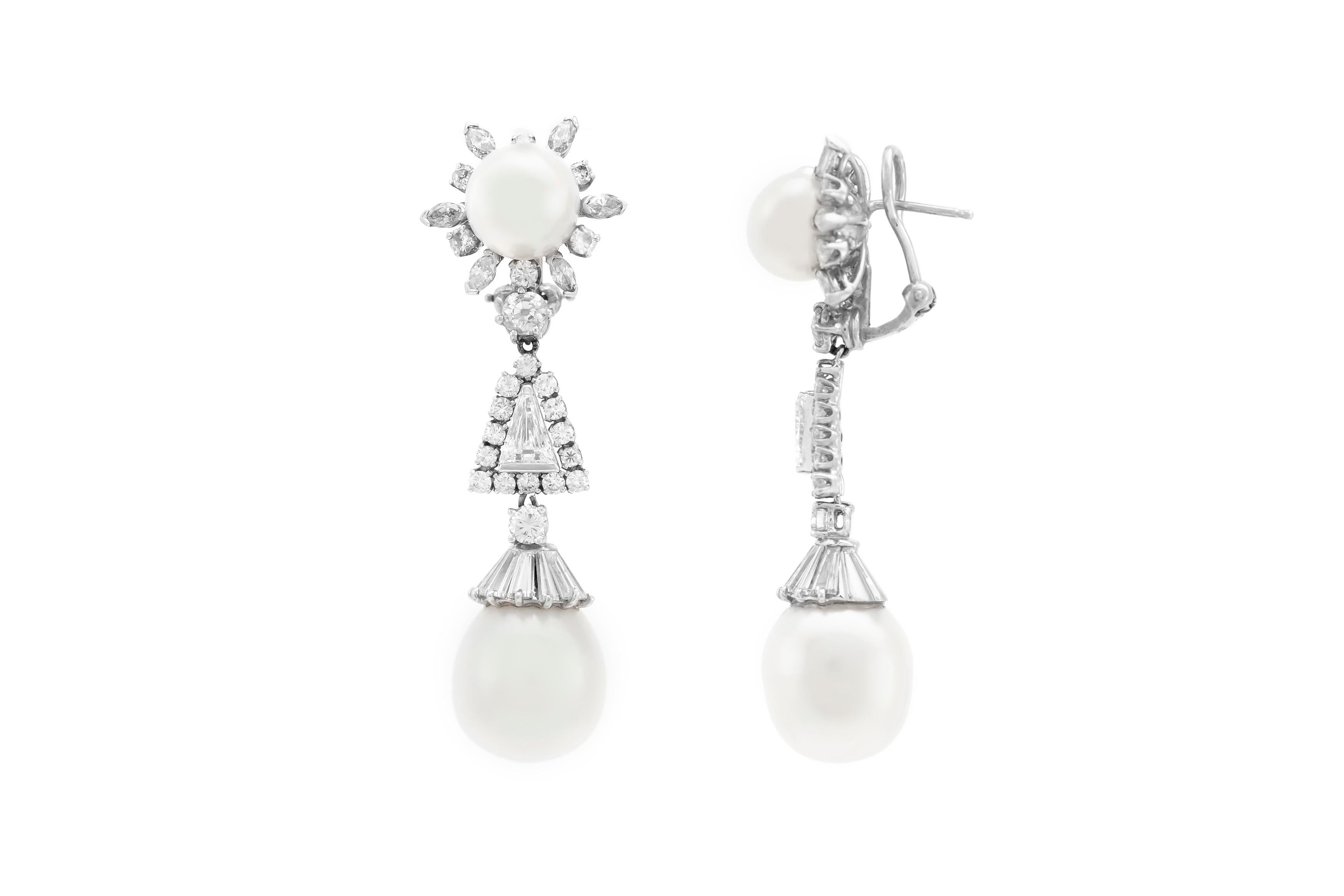 Women's 3.00 Carat Diamonds and South Sea Pearls Drop Earrings For Sale