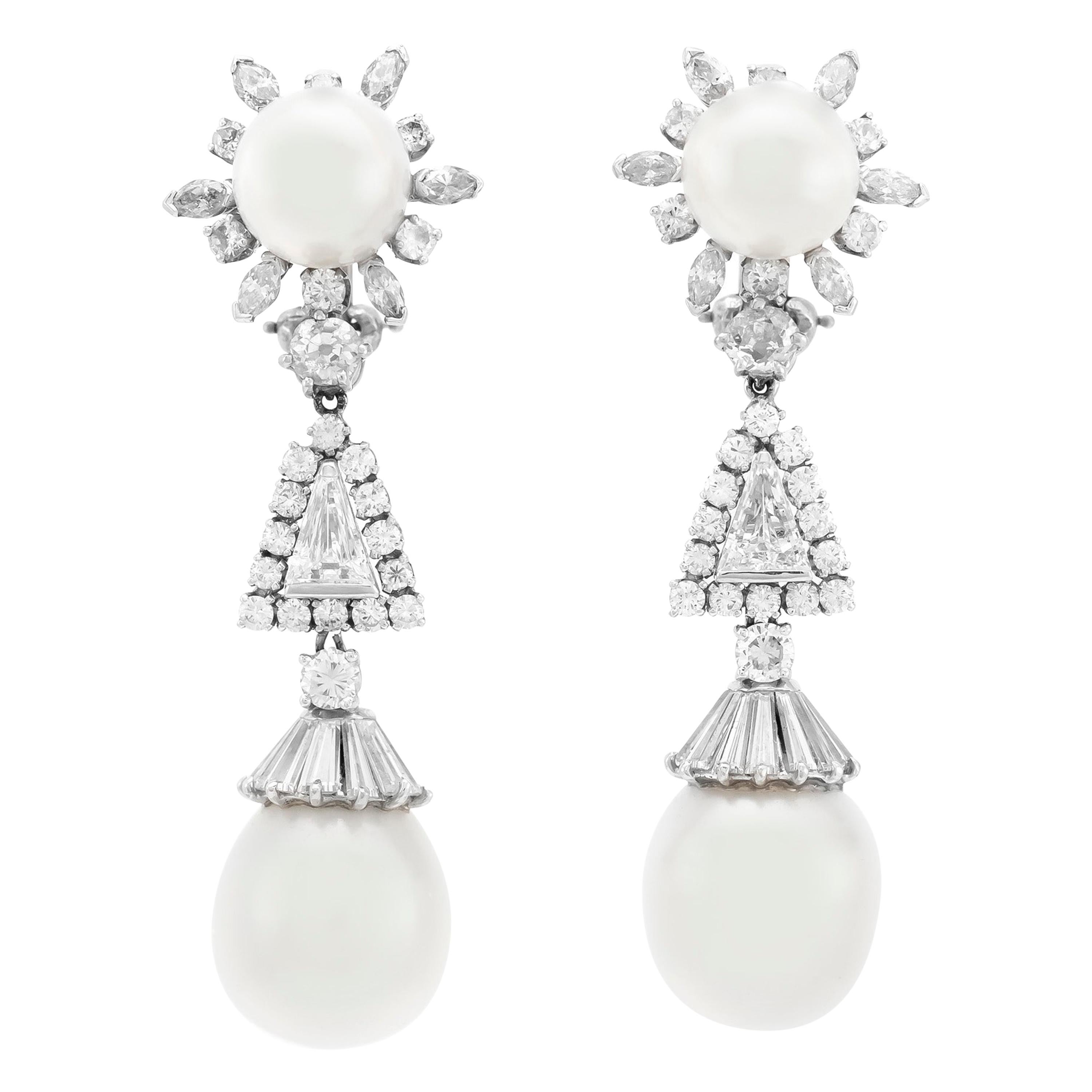 3.00 Carat Diamonds and South Sea Pearls Drop Earrings