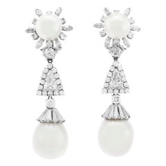 Vintage 3.00 Carat Diamonds and South Sea Pearls Drop Earrings