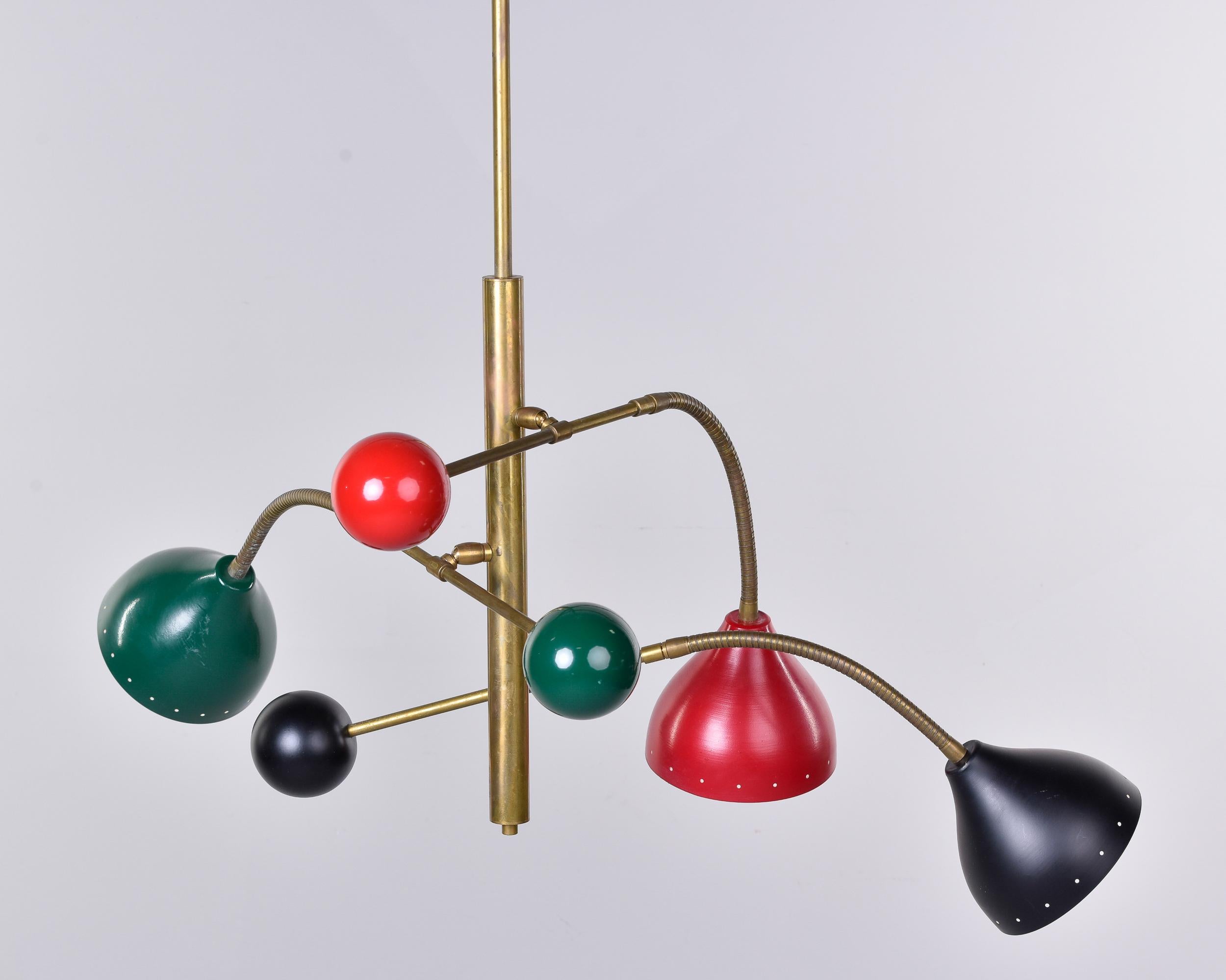 Three Light Adjustable Brass and Multi Colored Fixture Attributed to Stilnovo For Sale 3