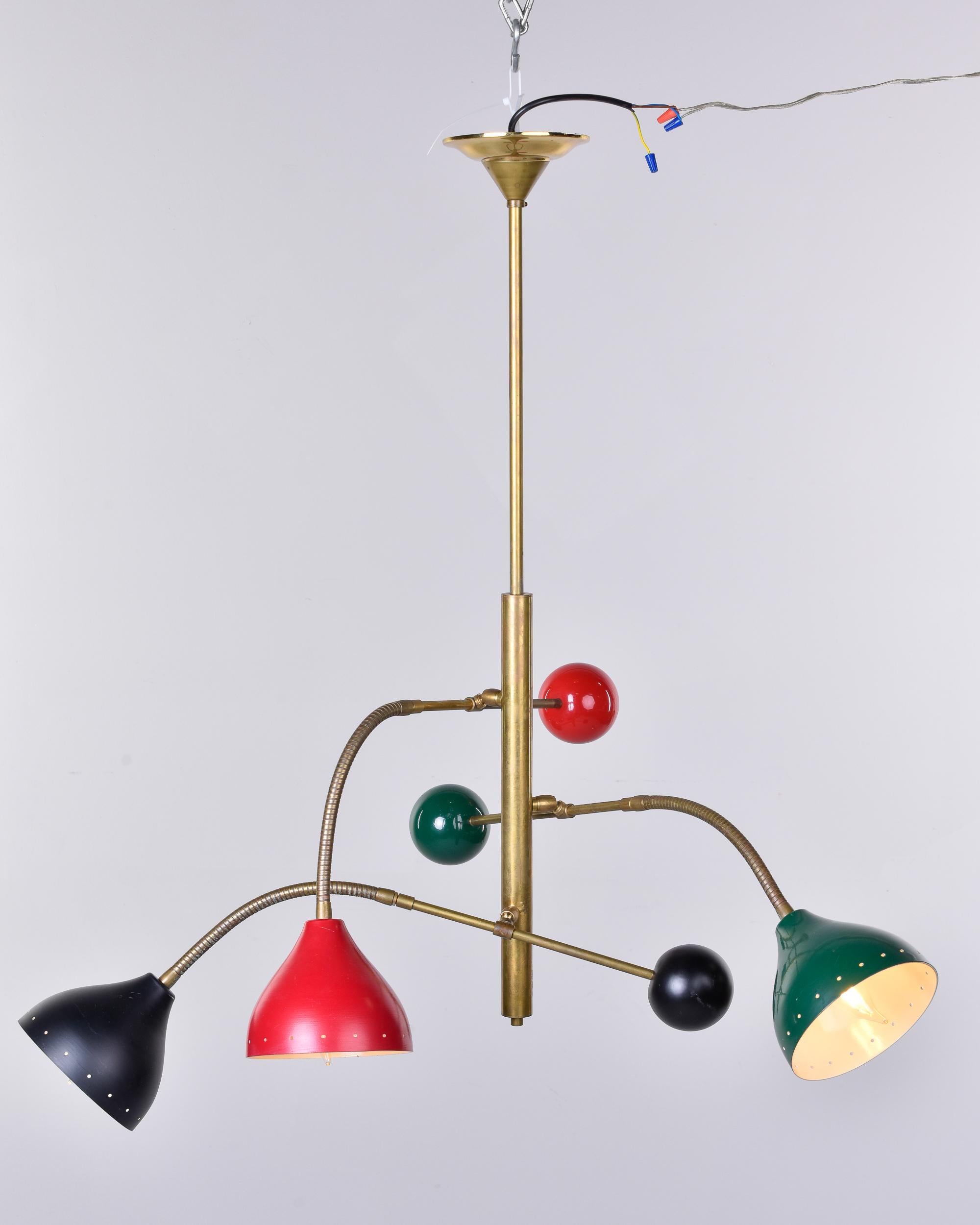 Mid-Century Modern Three Light Adjustable Brass and Multi Colored Fixture Attributed to Stilnovo For Sale