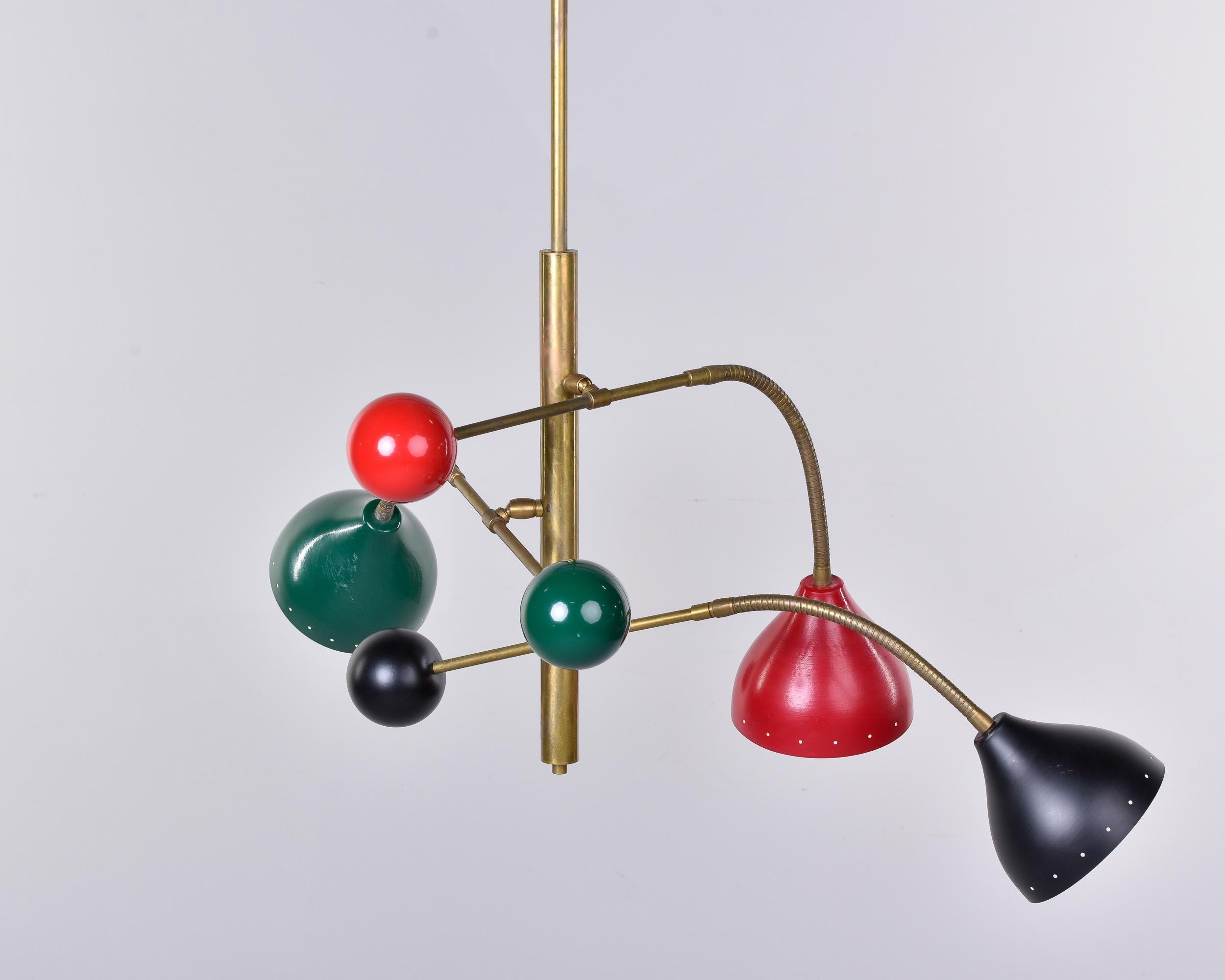 Italian Three Light Adjustable Brass and Multi Colored Fixture Attributed to Stilnovo For Sale