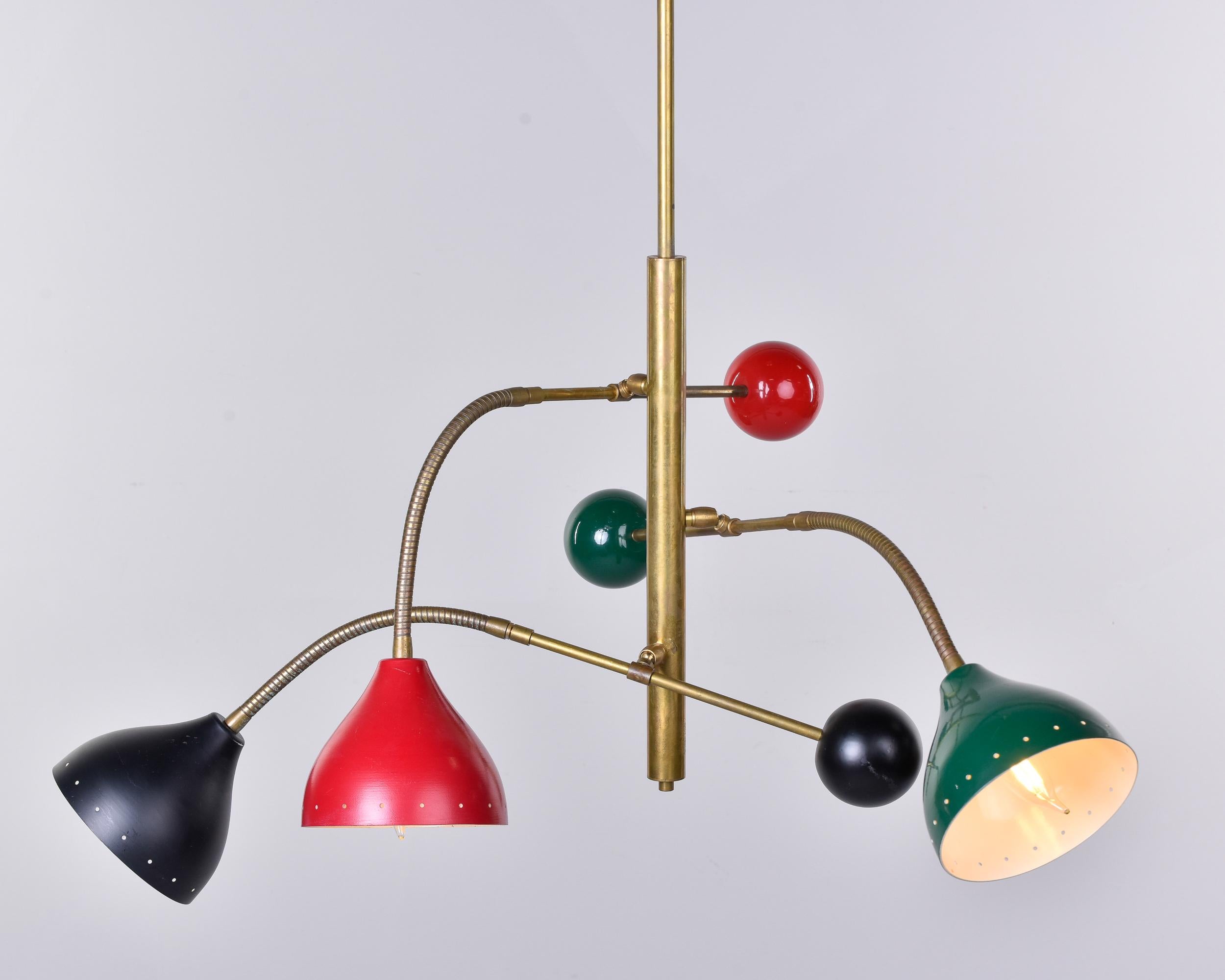 20th Century Three Light Adjustable Brass and Multi Colored Fixture Attributed to Stilnovo For Sale