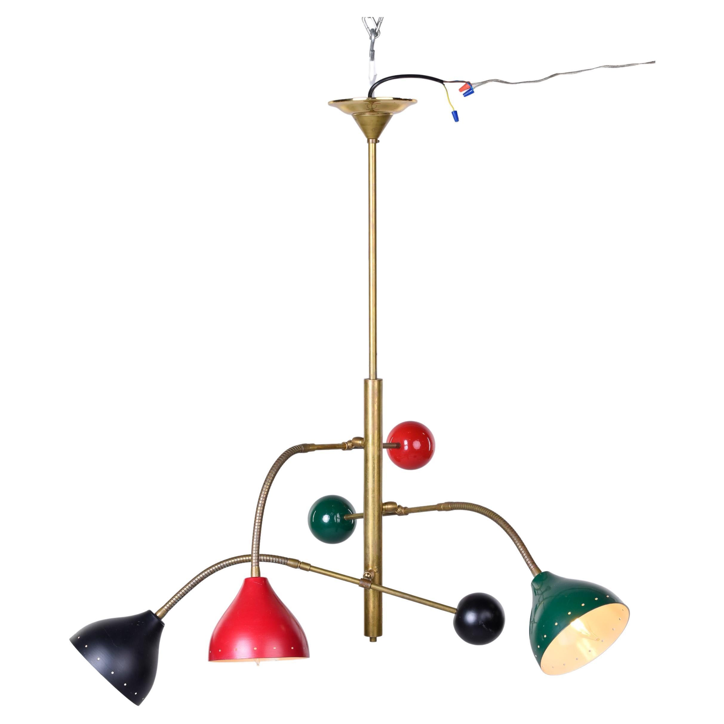 Three Light Adjustable Brass and Multi Colored Fixture Attributed to Stilnovo For Sale