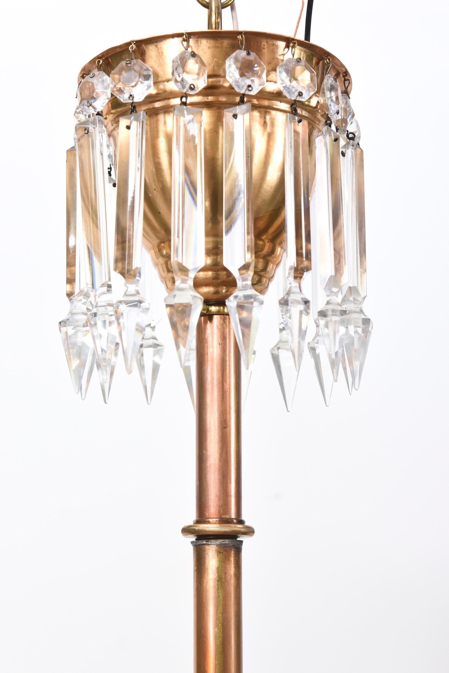 20th Century Three Light Aesthetic Movement Red Brass and Crystal Chandelier For Sale