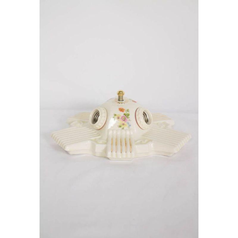Three Light Art Deco Porcelain Flush Mount Fixture In Good Condition For Sale In Canton, MA