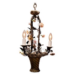 Three-Light Basket Chandelier with Porcelain Flowers, circa 1910, France