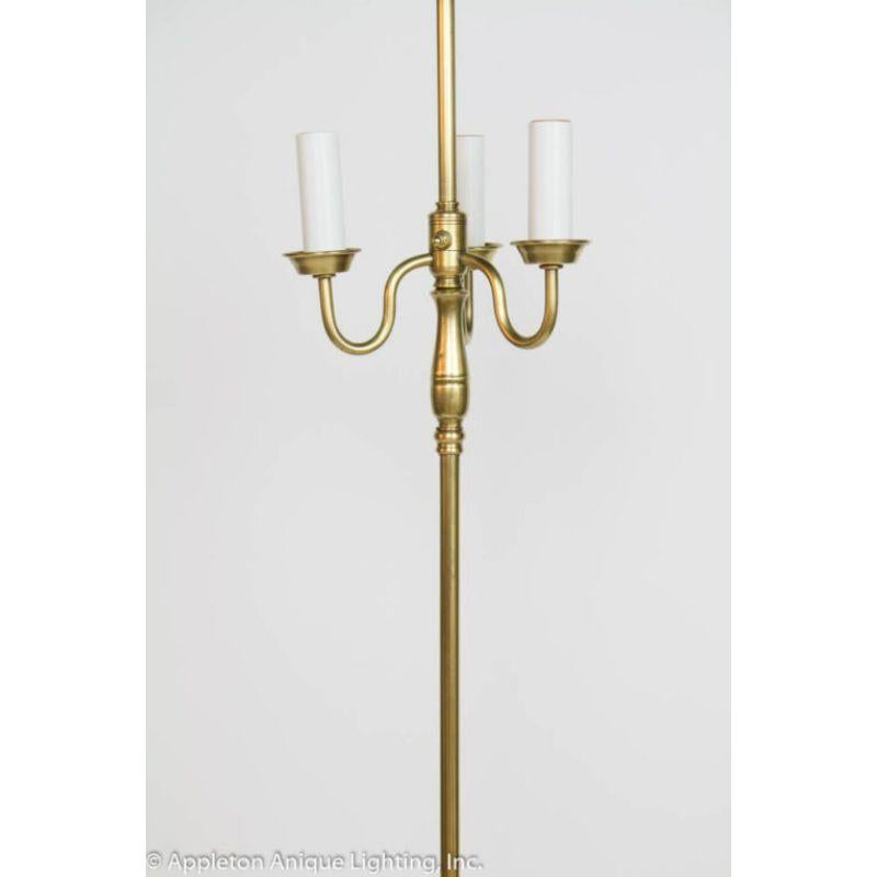 American Classical Three Light Brass Floor Lamp with Red Toile Shade