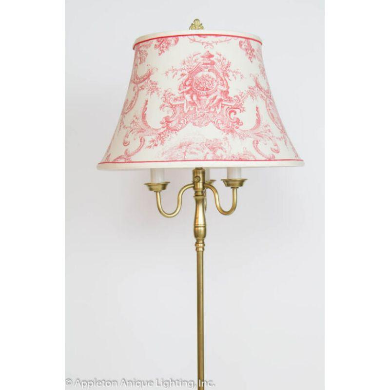 Three Light Brass Floor Lamp with Red Toile Shade In Excellent Condition In Canton, MA