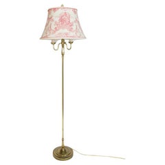 Retro Three Light Brass Floor Lamp with Red Toile Shade