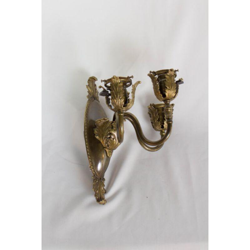 Late Victorian Three Light Bronze Sconces with Acanthus Leaves, a Pair For Sale