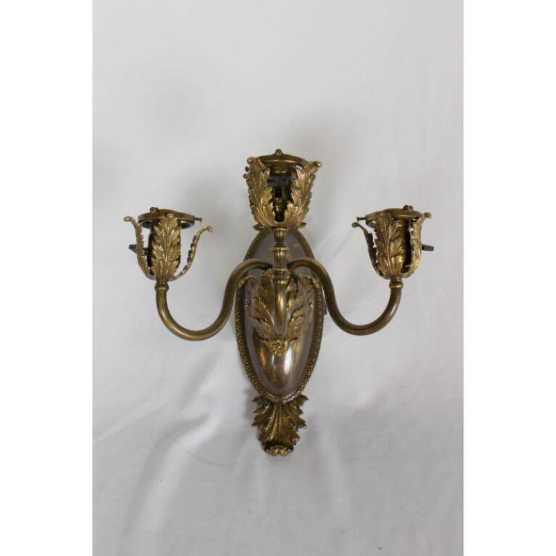 American Three Light Bronze Sconces with Acanthus Leaves, a Pair For Sale