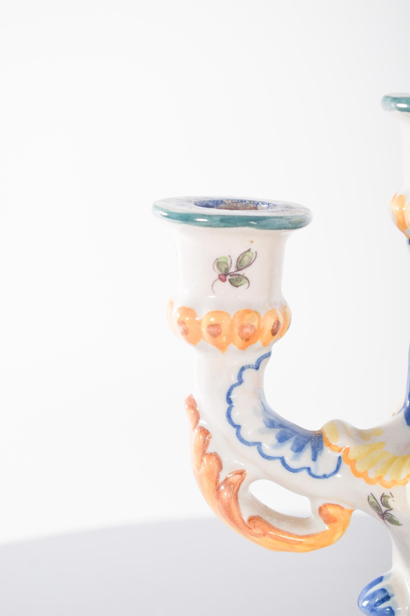 Hand-Painted Three-Light Candelabra in Portuguese Earthenware For Sale