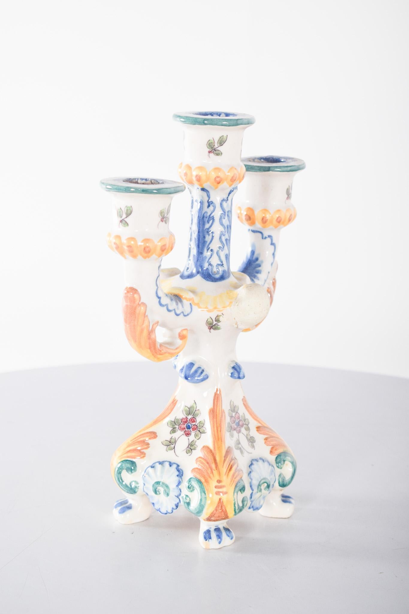 Three-Light Candelabra in Portuguese Earthenware In Fair Condition For Sale In Lisboa, Lisboa