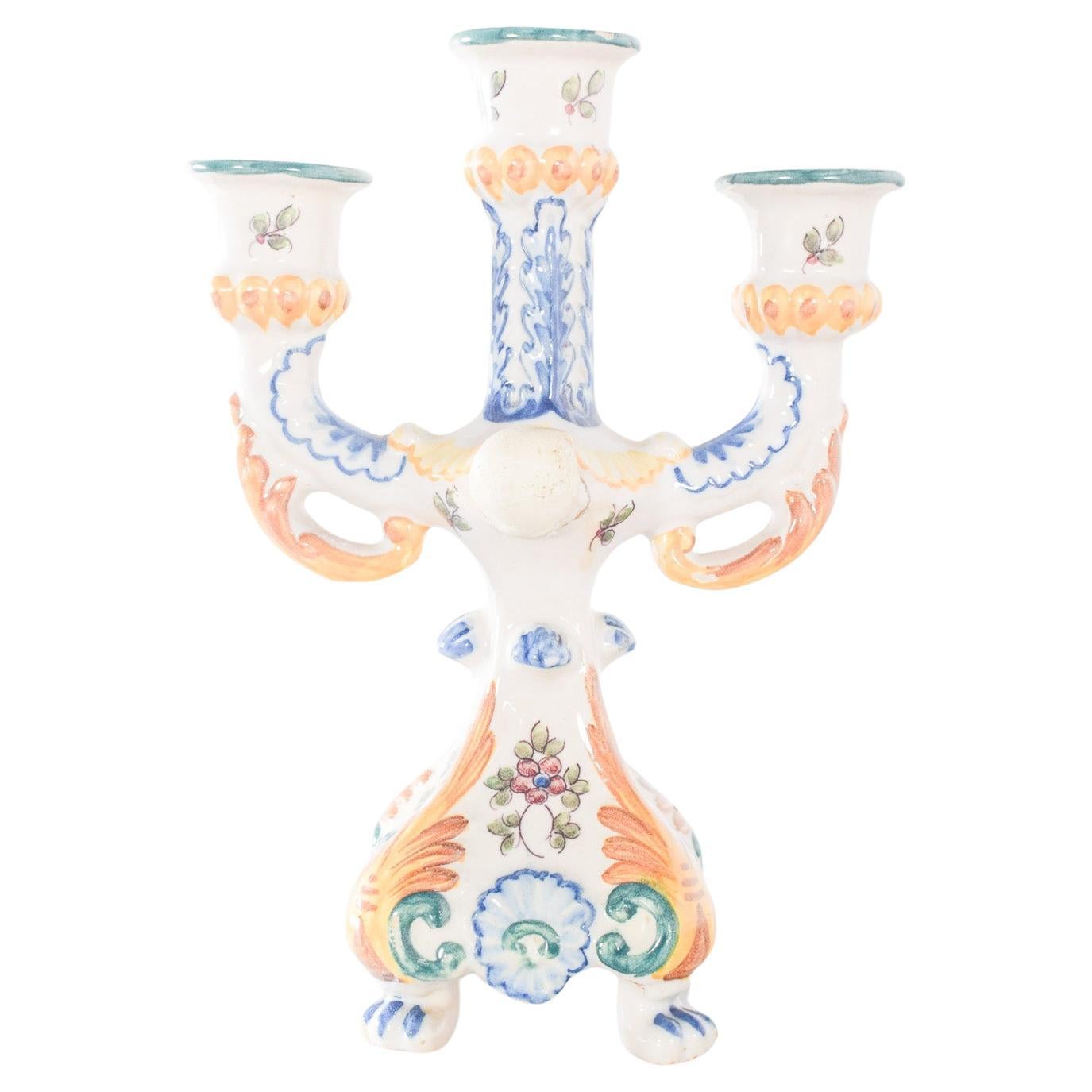 Three-Light Candelabra in Portuguese Earthenware For Sale