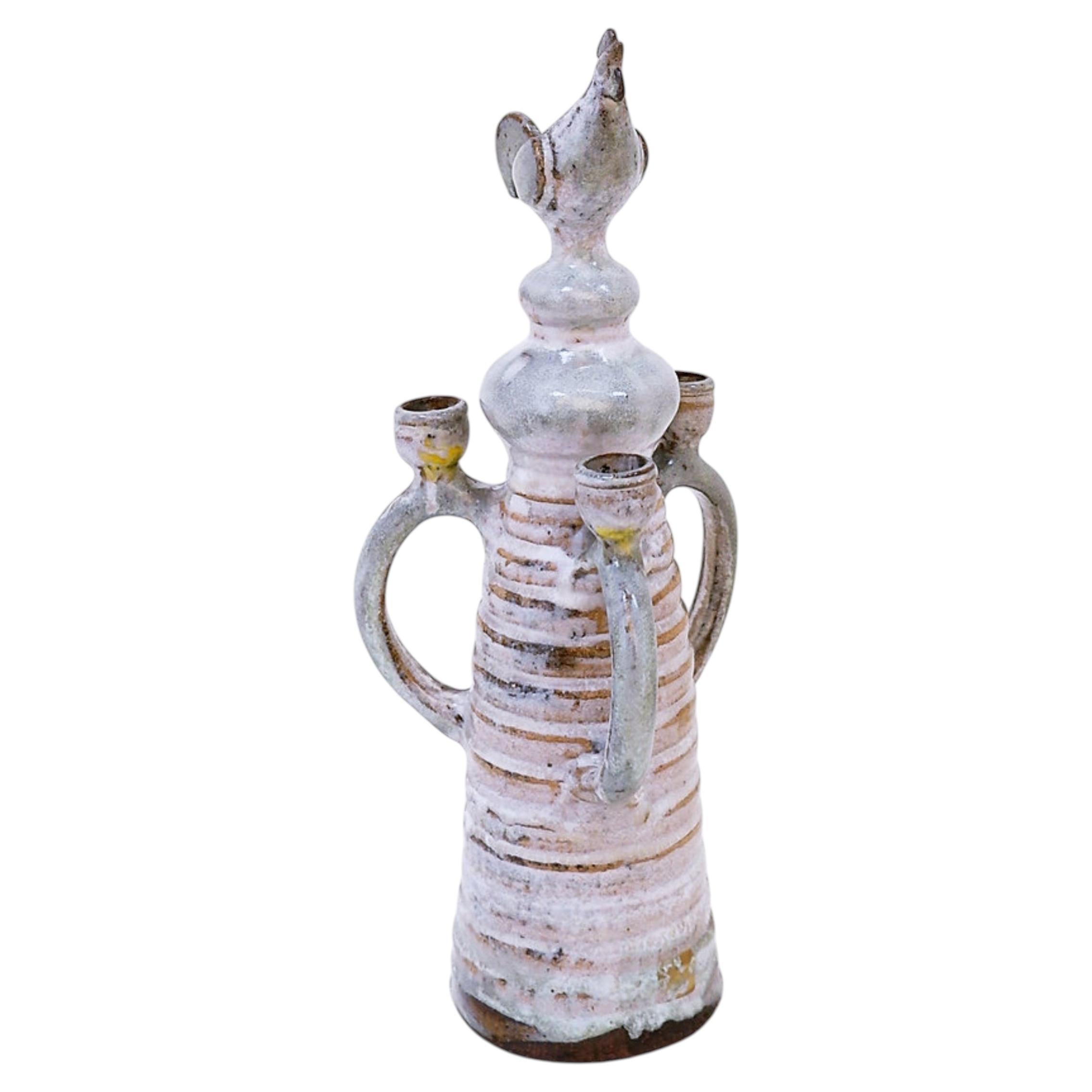 Three-light candlestick in glazed ceramic in the style of Jacques Pouchain For Sale