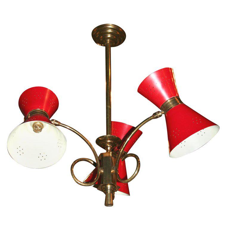 Lustre à Trois Lumières Coniques Rouges de Style Moderne Milieu de Siècle Français