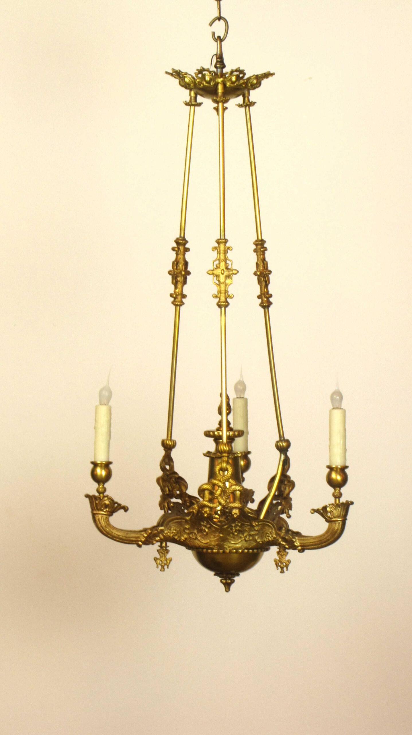 Three Light Early Gas Chandelier Attributed to Cornelius and Baker In Good Condition For Sale In Canton, MA