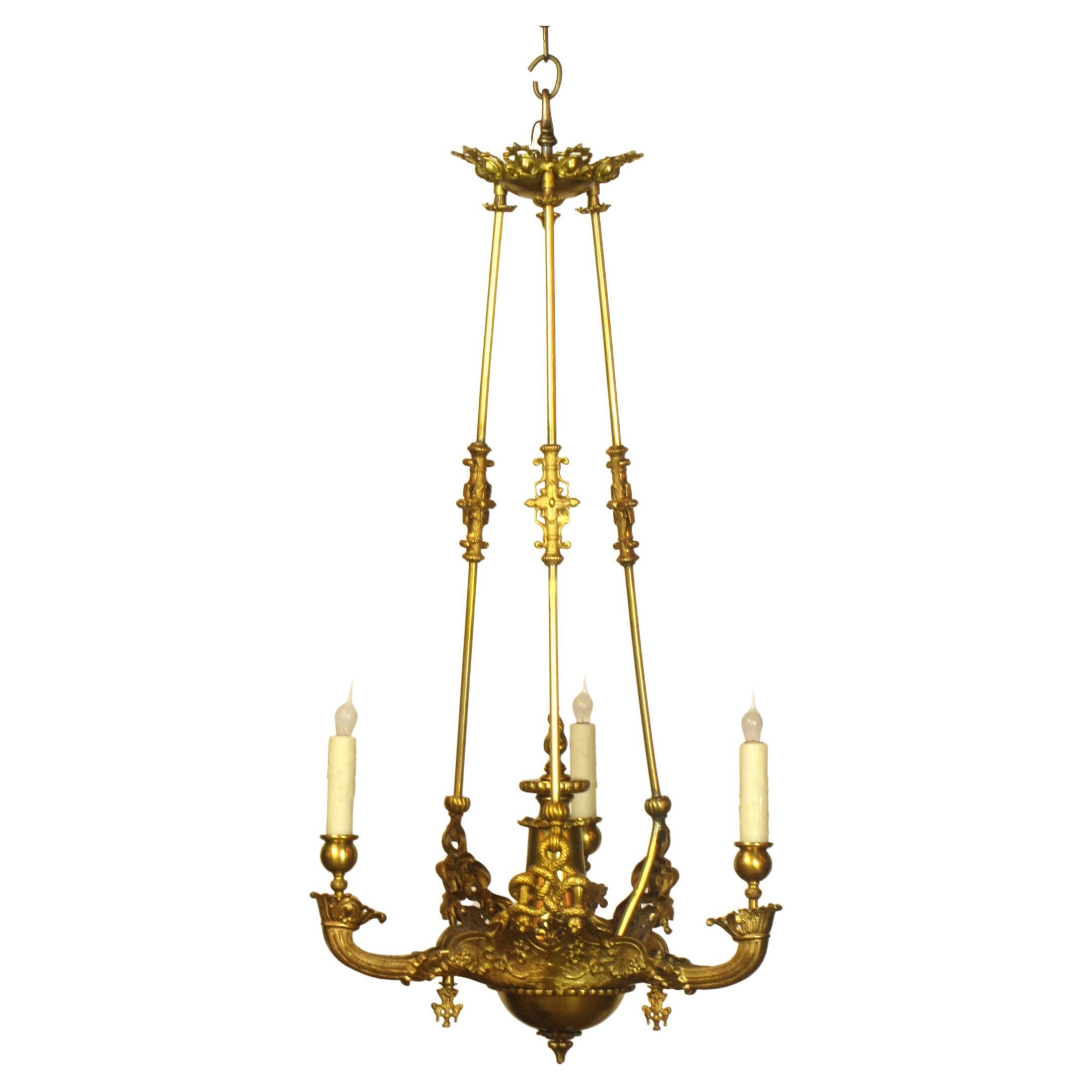 Three Light Early Gas Chandelier Attributed to Cornelius and Baker For Sale